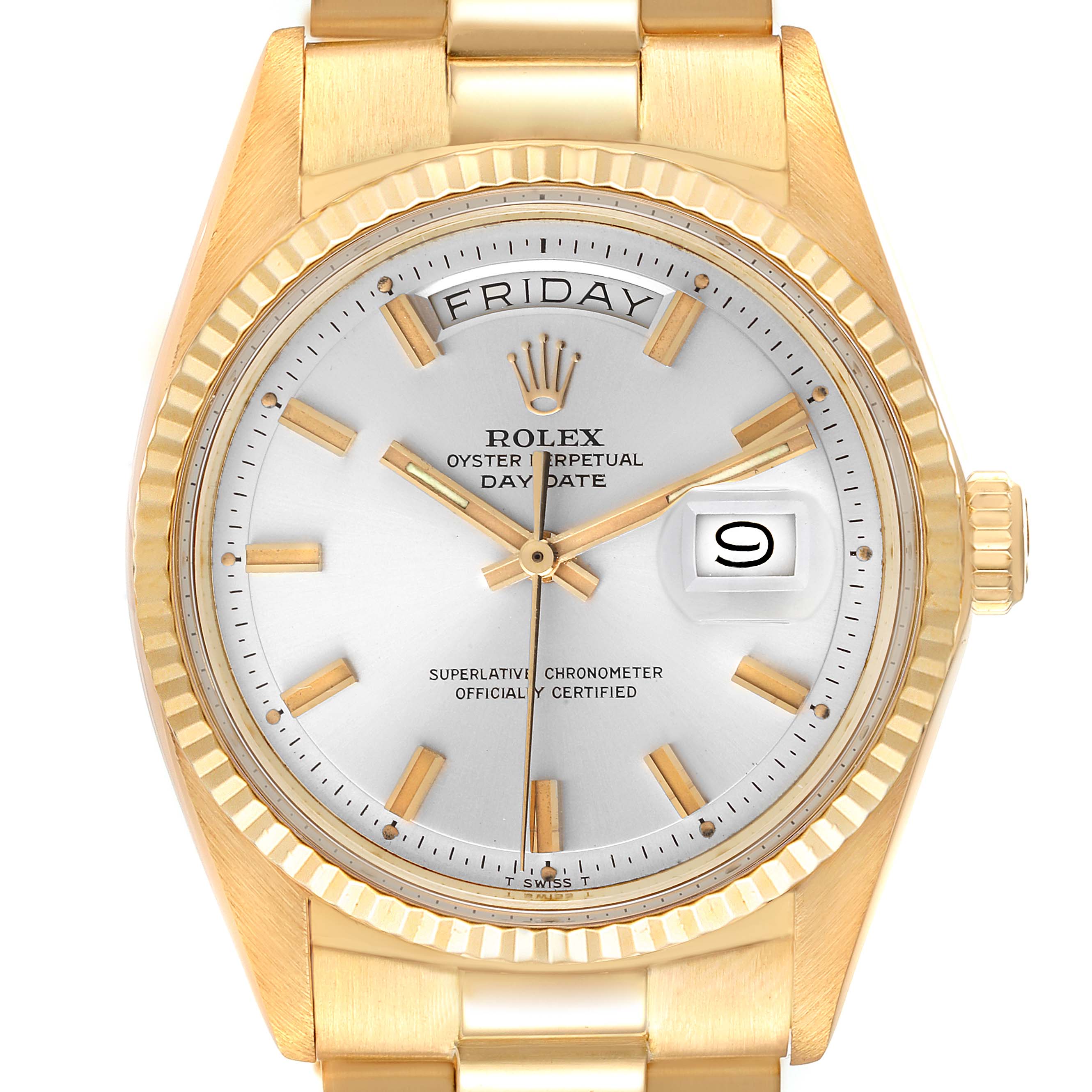 The image shows a front view of the Rolex Vintage Collection 1803 Men
s Yellow Gold Silver Dial 1803 Men
s Yellow Gold Silver Dial Oyster Perpetual Day-Date watch, highlighting the gold case and bracelet.