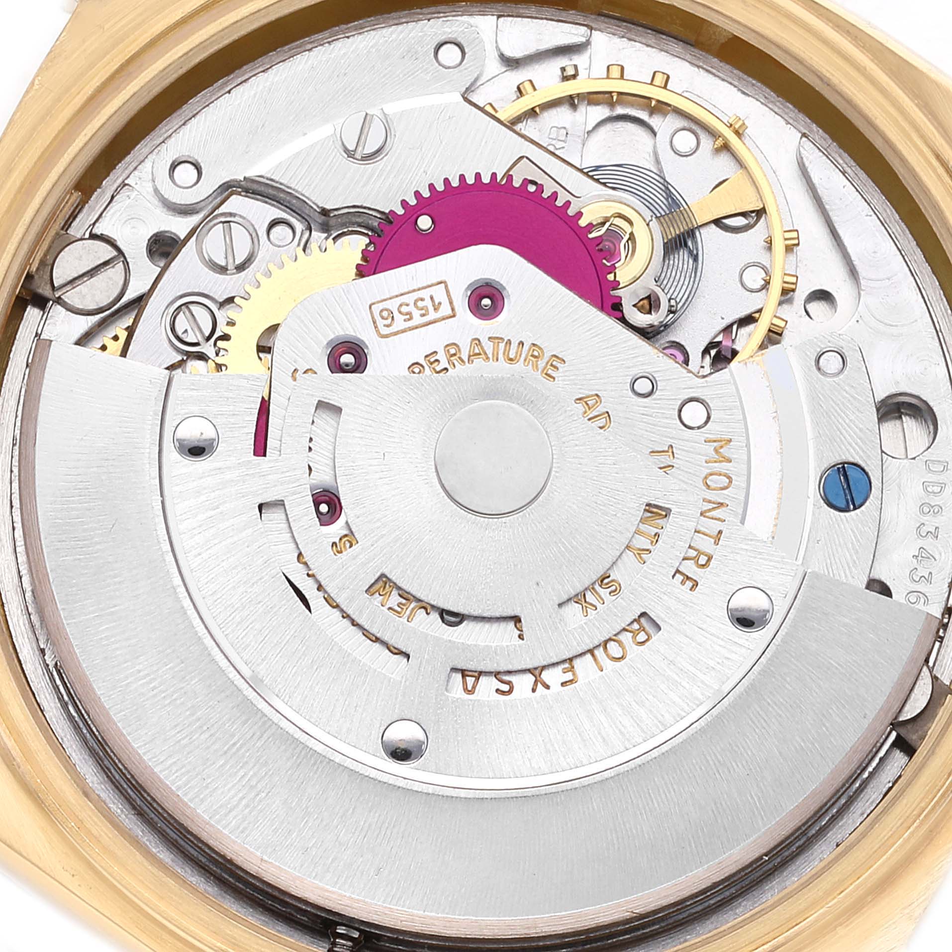 The image shows the detailed internal mechanism of a Rolex Vintage Collection 1803 Men
s Yellow Gold Silver Dial 1803 Men
s Yellow Gold Silver Dial watch from a top-down angle.