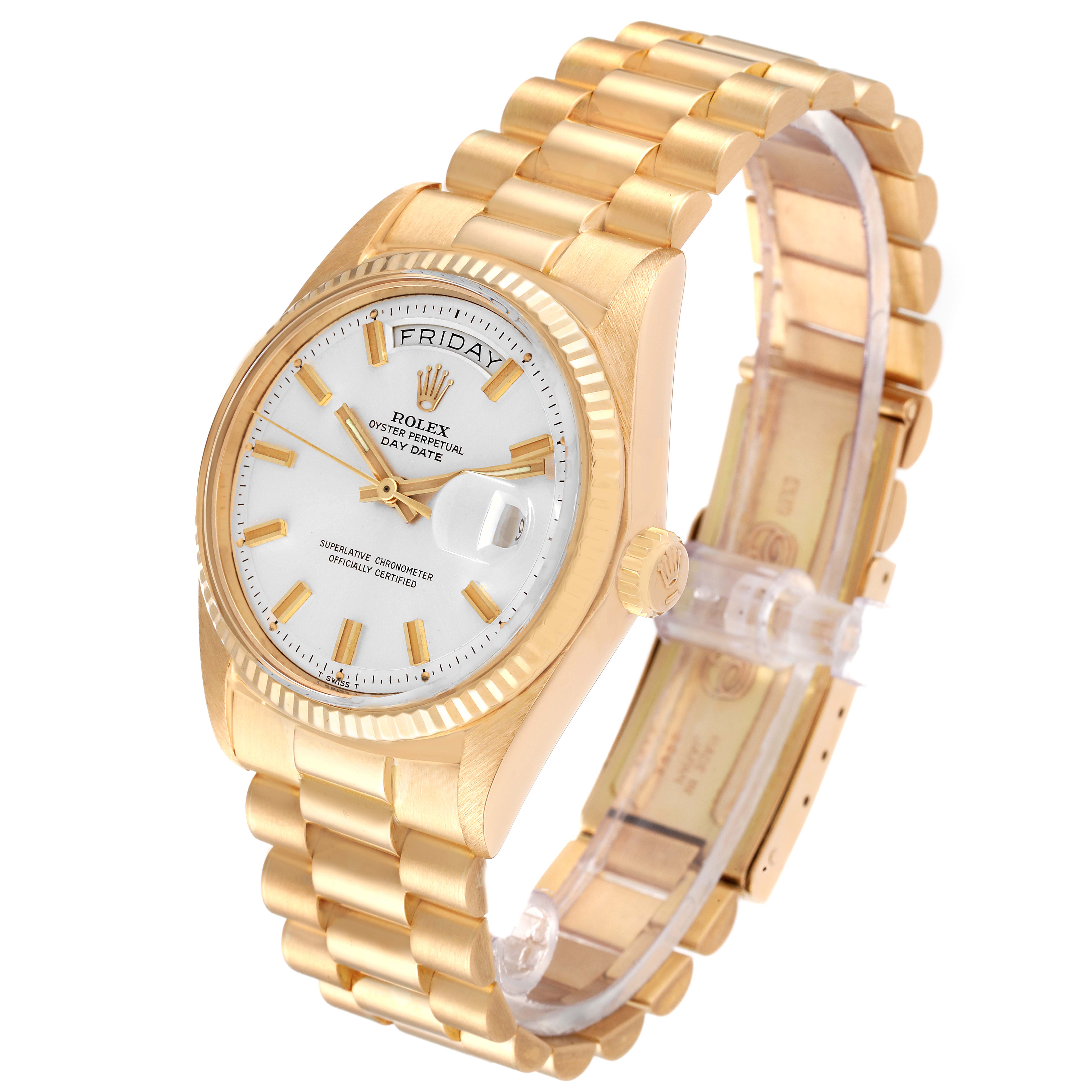 The Rolex Vintage Collection 1803 Men
s Yellow Gold Silver Dial 1803 Men
s Yellow Gold Silver Dial model watch is shown from an angled front view, displaying its face, bezel, and bracelet.