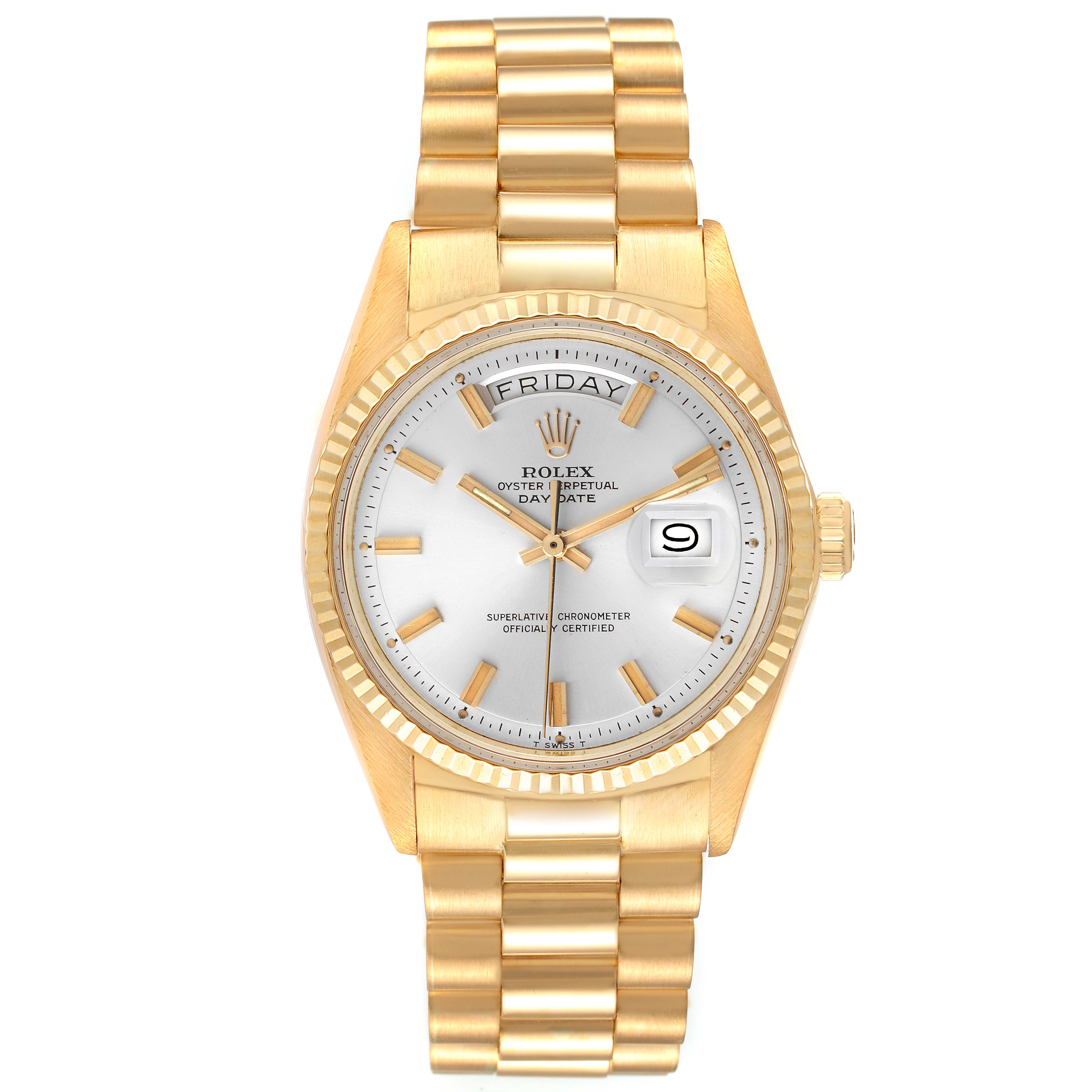 The image shows a frontal view of the Rolex Vintage Collection 1803 Men
s Yellow Gold Silver Dial 1803 Men
s Yellow Gold Silver Dial watch, displaying its face, bezel, and gold bracelet.