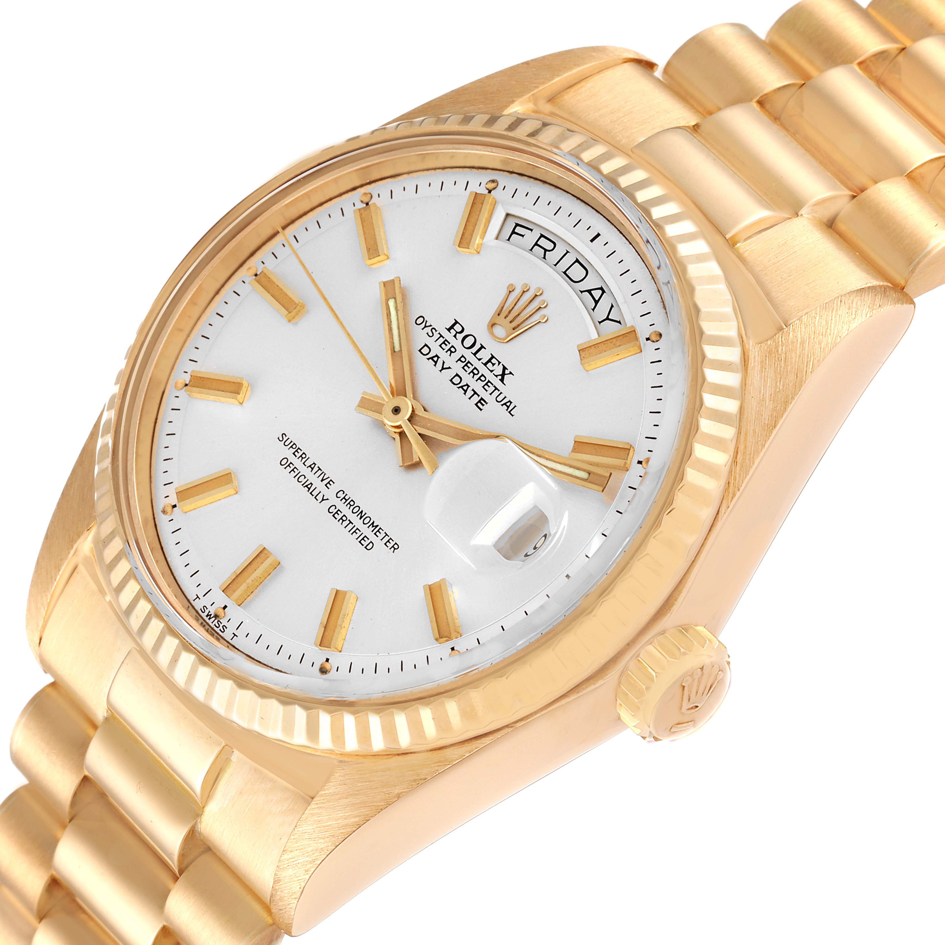 The image shows a side angle view of a Rolex Vintage Collection 1803 Men
s Yellow Gold Silver Dial 1803 Men
s Yellow Gold Silver Dial watch, highlighting the face, bezel, crown, and part of the bracelet.