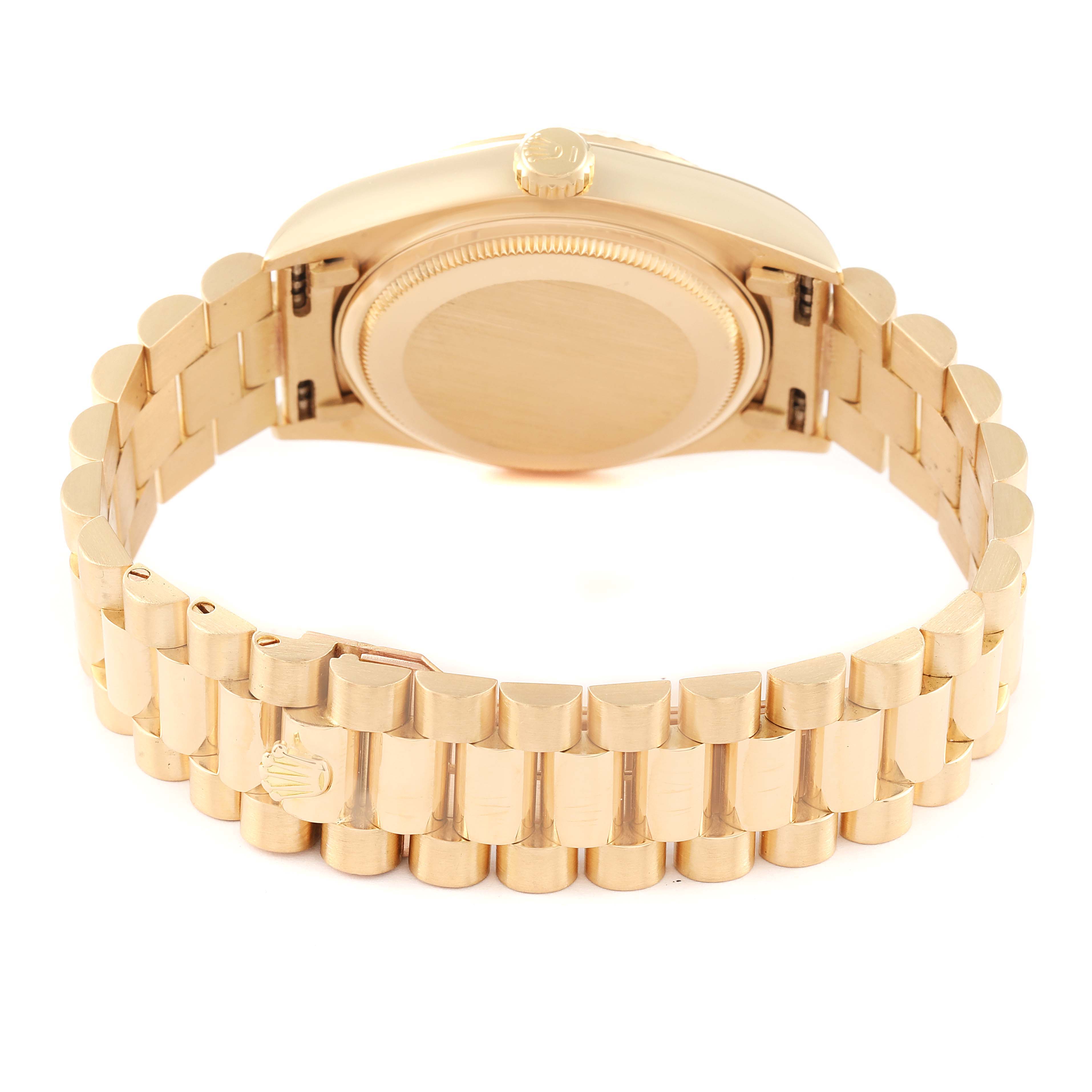 This image shows the back and bracelet of the Rolex President 18038 Men
s Yellow Gold Champagne Dial 18038 Men
s Yellow Gold Champagne Dial model watch from a rear angle.