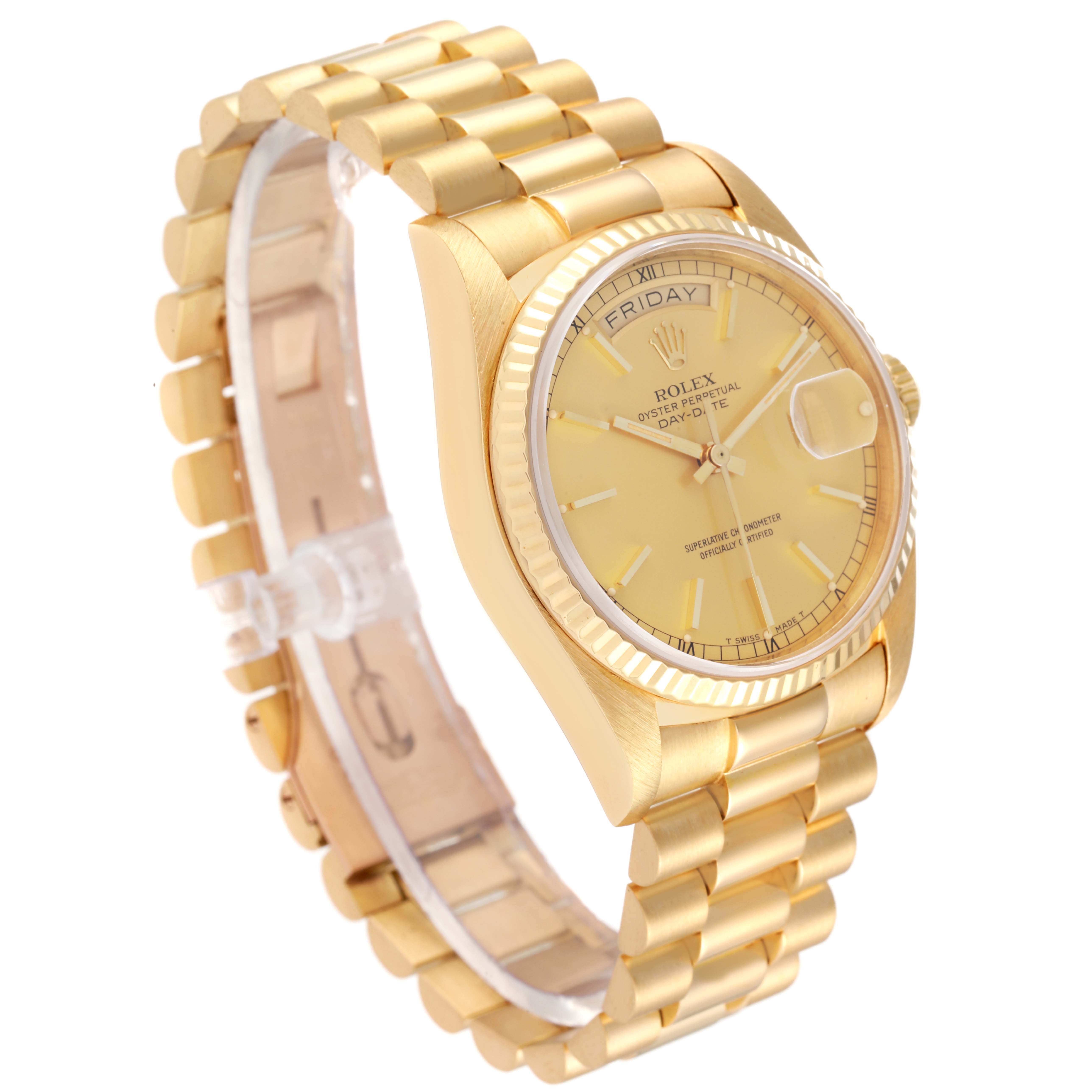 The Rolex President 18038 Men
s Yellow Gold Champagne Dial 18038 Men
s Yellow Gold Champagne Dial model is shown at a slight angle, displaying its yellow-gold bracelet, bezel, and dial.