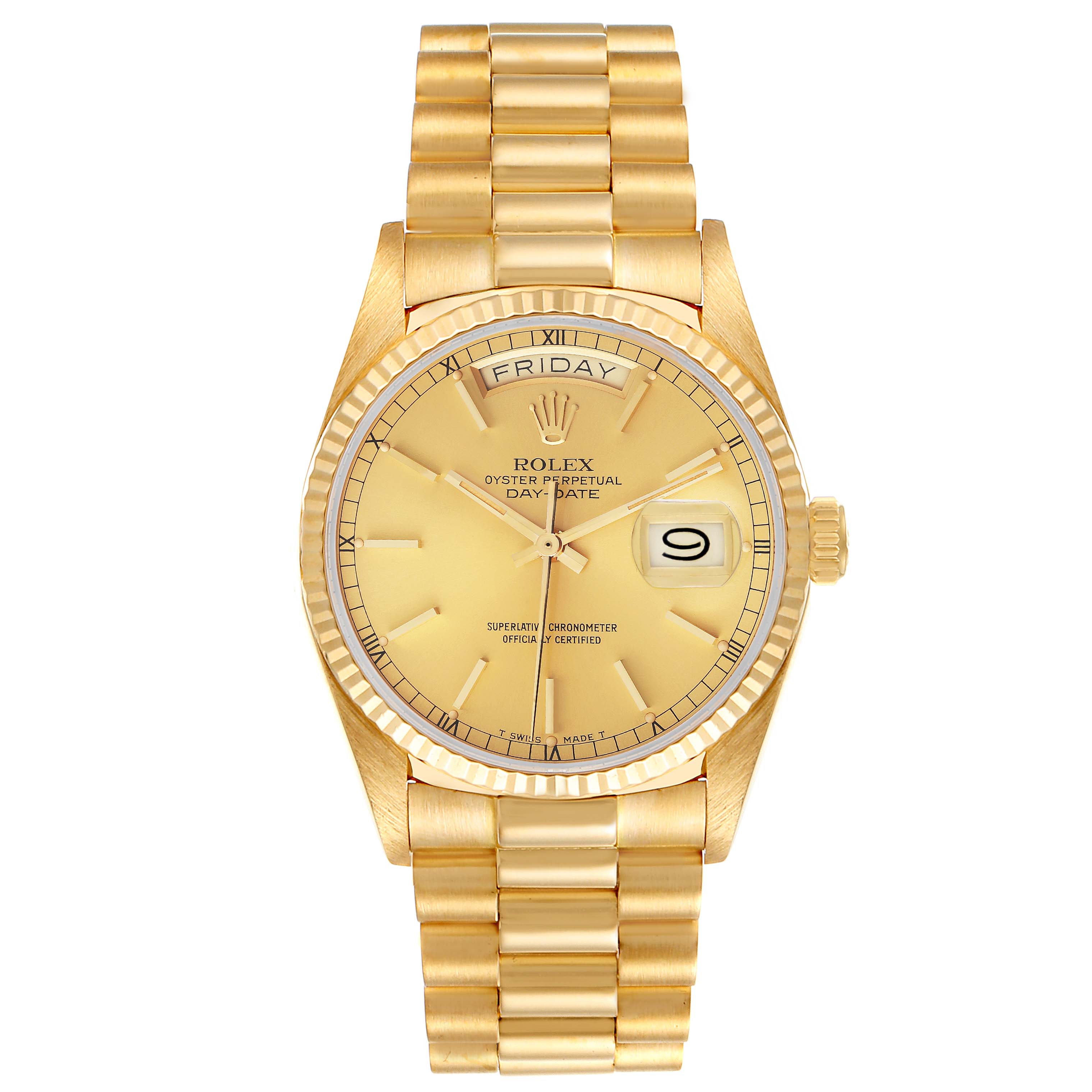 The image shows a front view of a Rolex President 18038 Men
s Yellow Gold Champagne Dial 18038 Men
s Yellow Gold Champagne Dial model watch with its gold bracelet and dial visible.