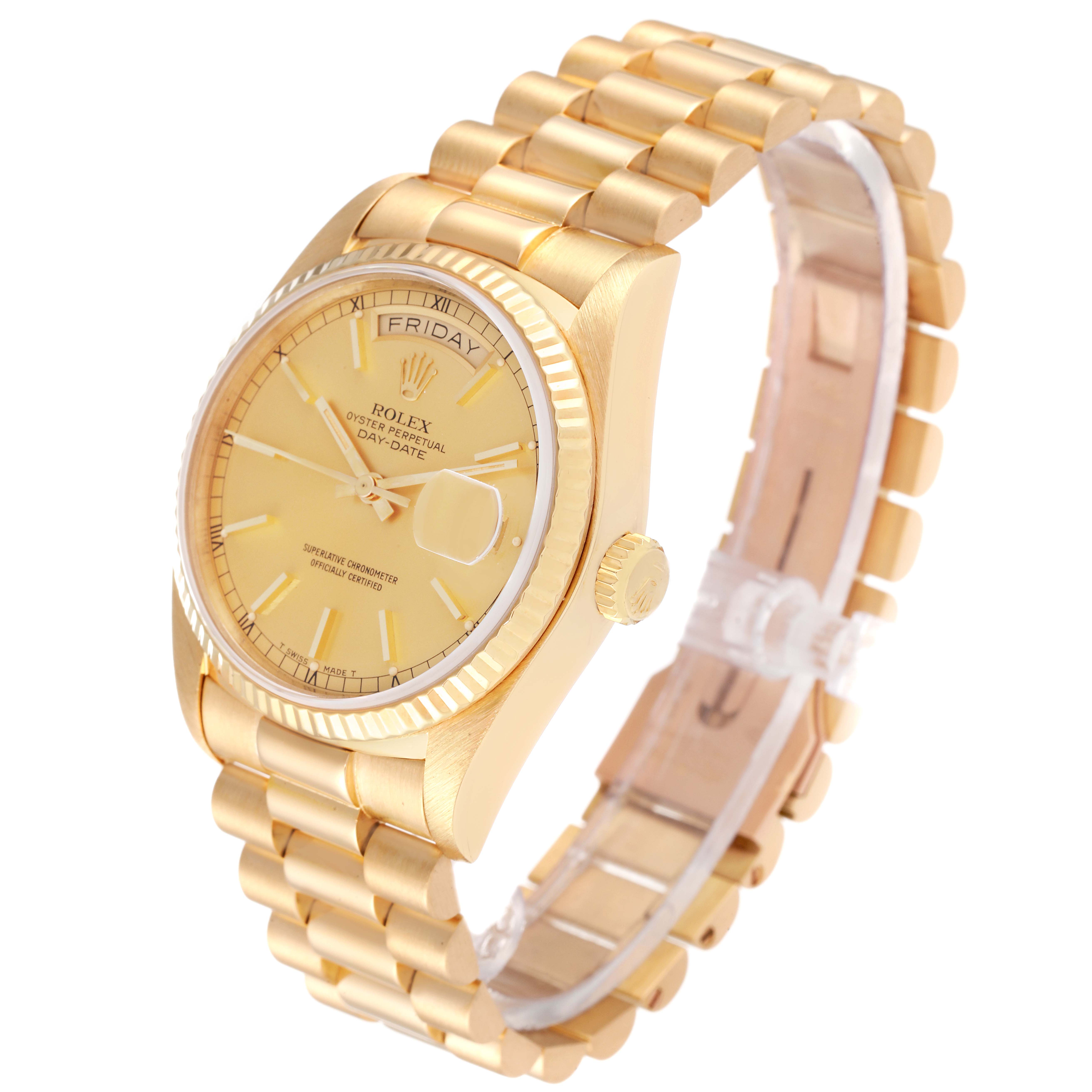 The image displays a Rolex President 18038 Men
s Yellow Gold Champagne Dial 18038 Men
s Yellow Gold Champagne Dial model watch from a slightly elevated side angle, showcasing the dial, bracelet, and crown.