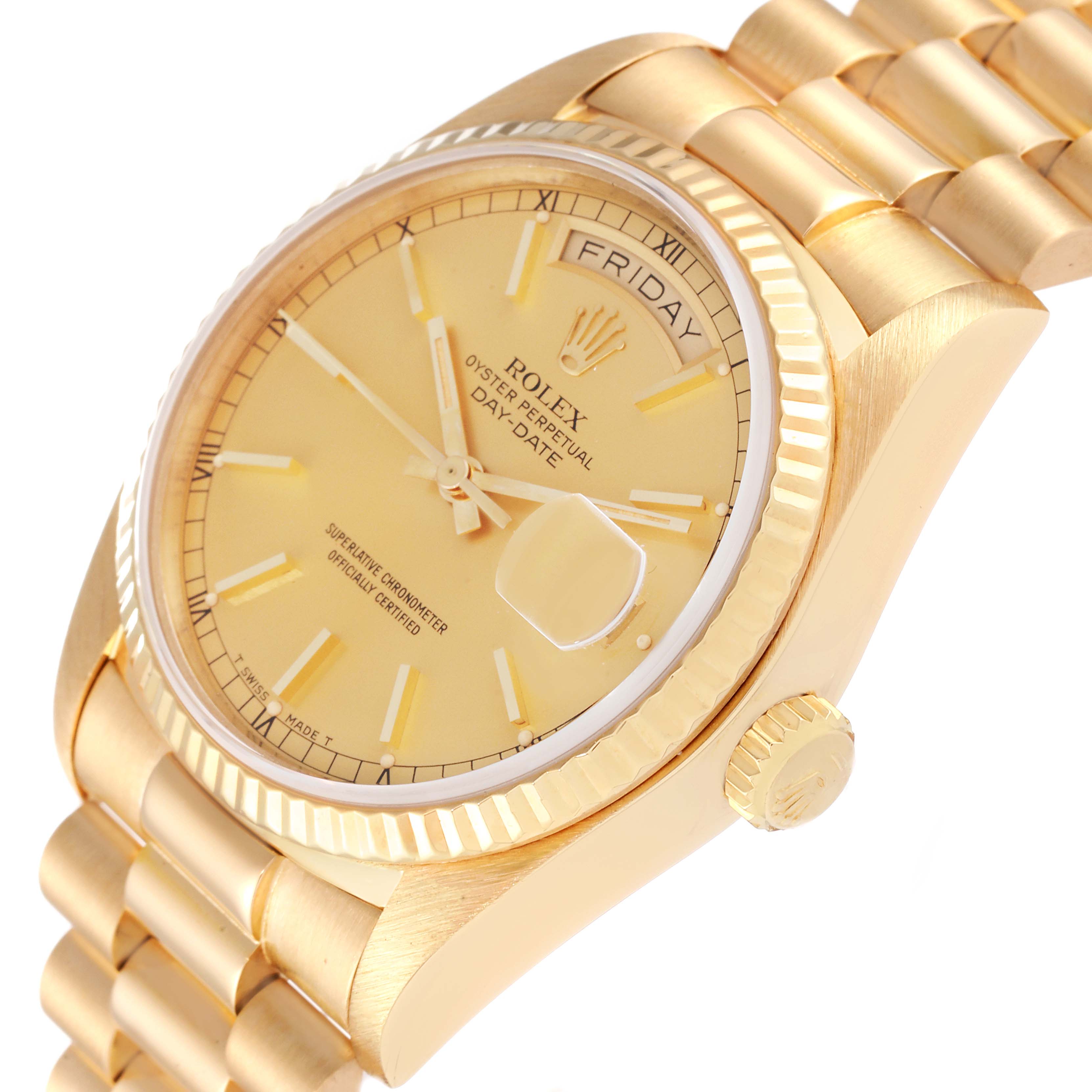 This image shows a side view of the Rolex President 18038 Men
s Yellow Gold Champagne Dial 18038 Men
s Yellow Gold Champagne Dial model, displaying the dial, bezel, crown, and part of the bracelet.