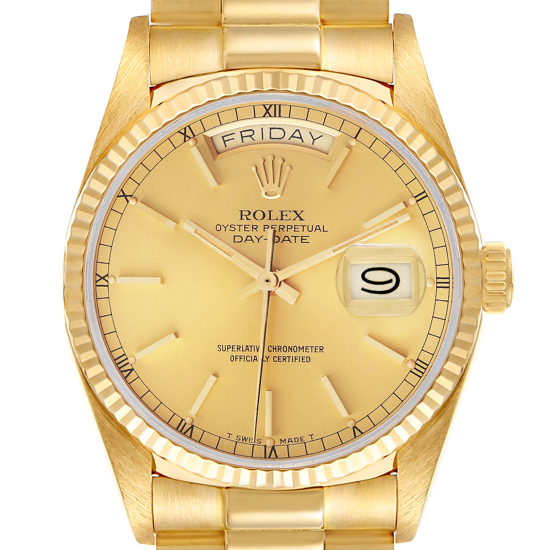 A front view of a gold Rolex President 18038 Men
s Yellow Gold Champagne Dial 18038 Men
s Yellow Gold Champagne Dial model watch showing the dial, hands, day, date, and part of the band.