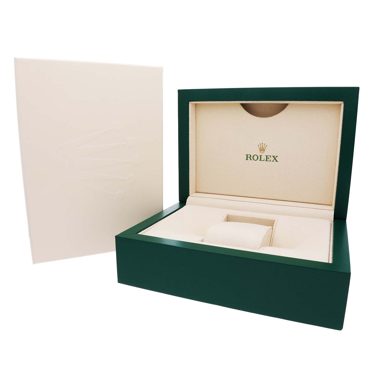 The image shows an open Rolex President 118138 Men's Yellow Gold Orange Dial watch box at an angle, with the interior and exterior packaging visible.