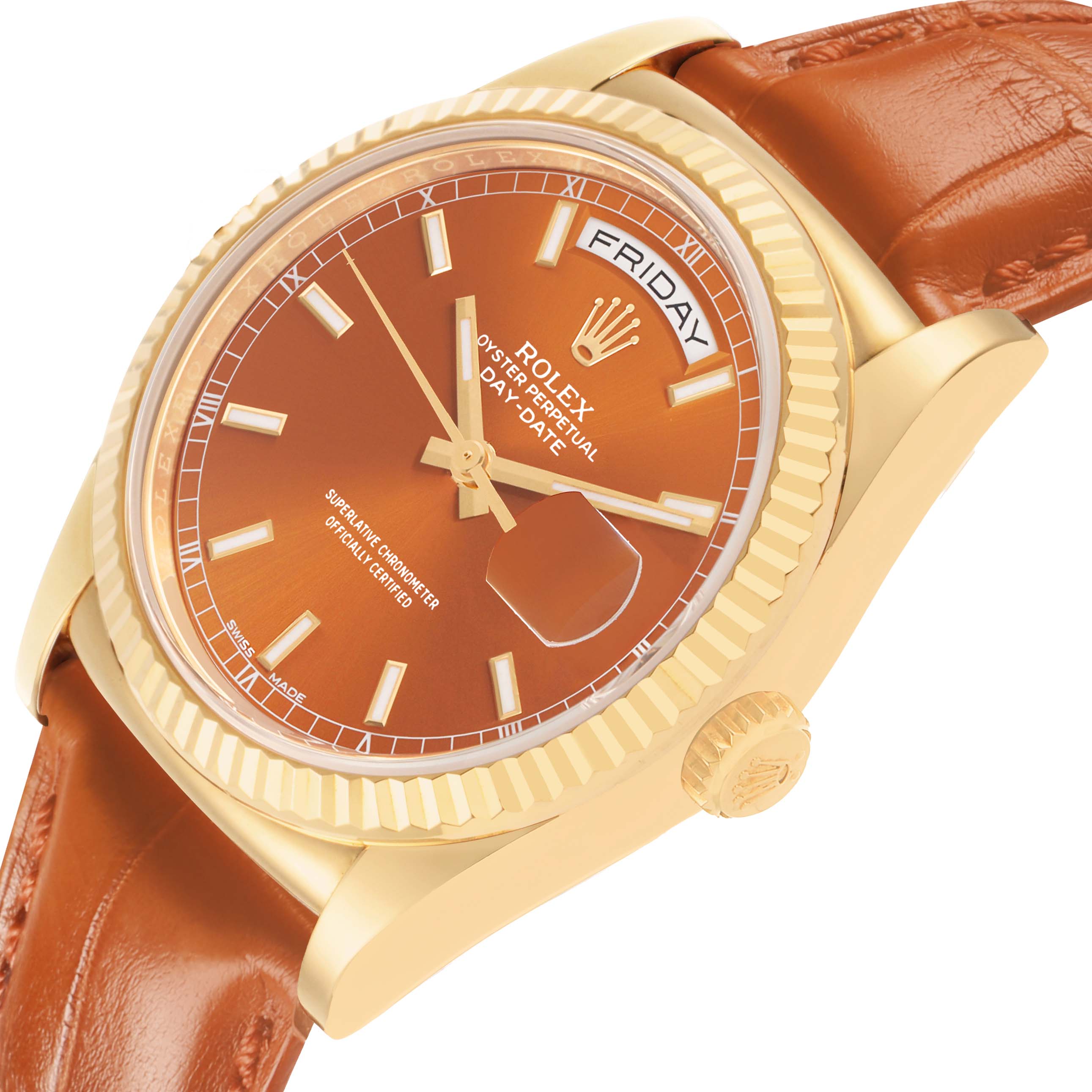 The Rolex President 118138 Men's Yellow Gold Orange Dial watch is shown at an angle highlighting the face, crown, and part of the strap.
