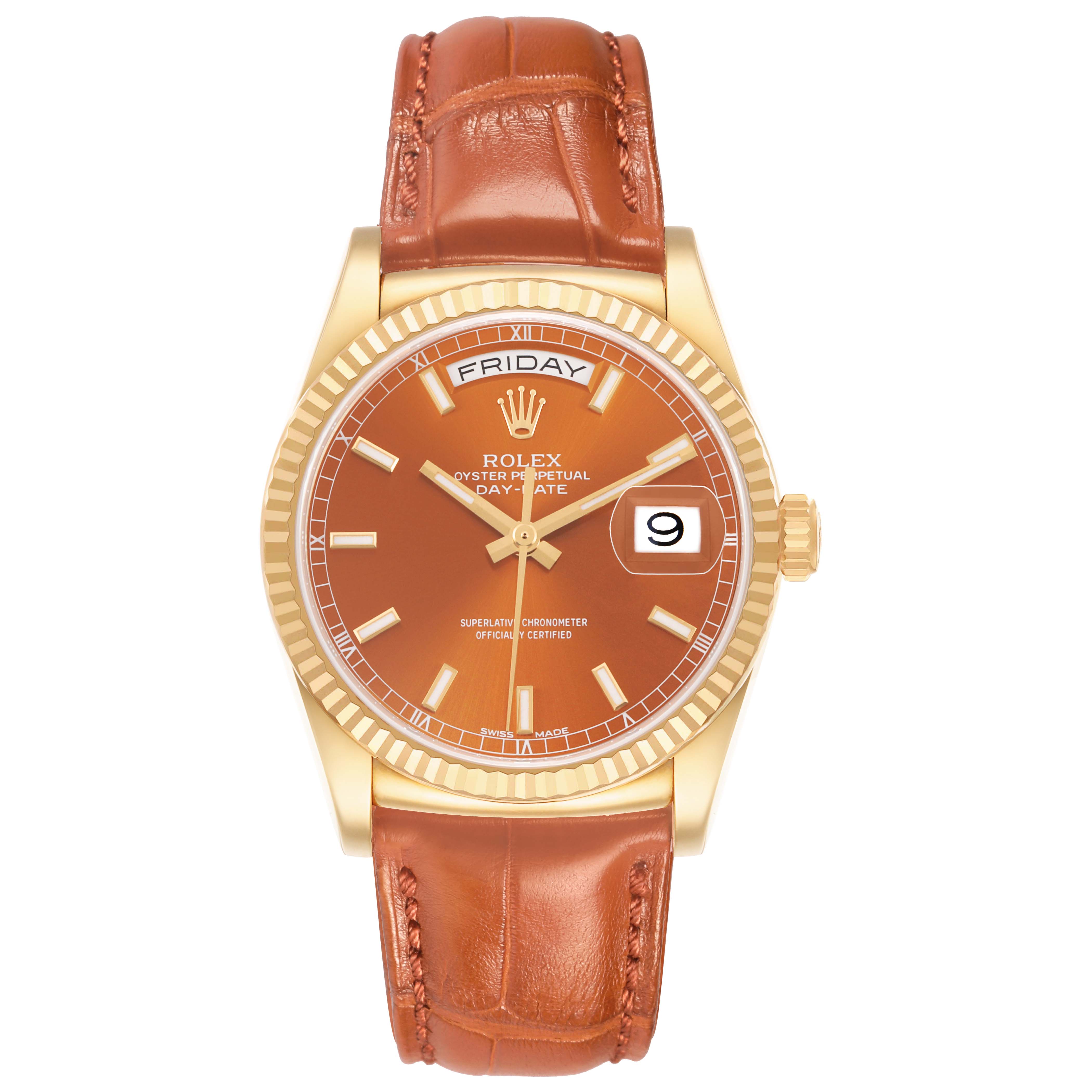 The Rolex President 118138 Men's Yellow Gold Orange Dial watch is shown from a front view, featuring its dial, bezel, crown, and leather strap.
