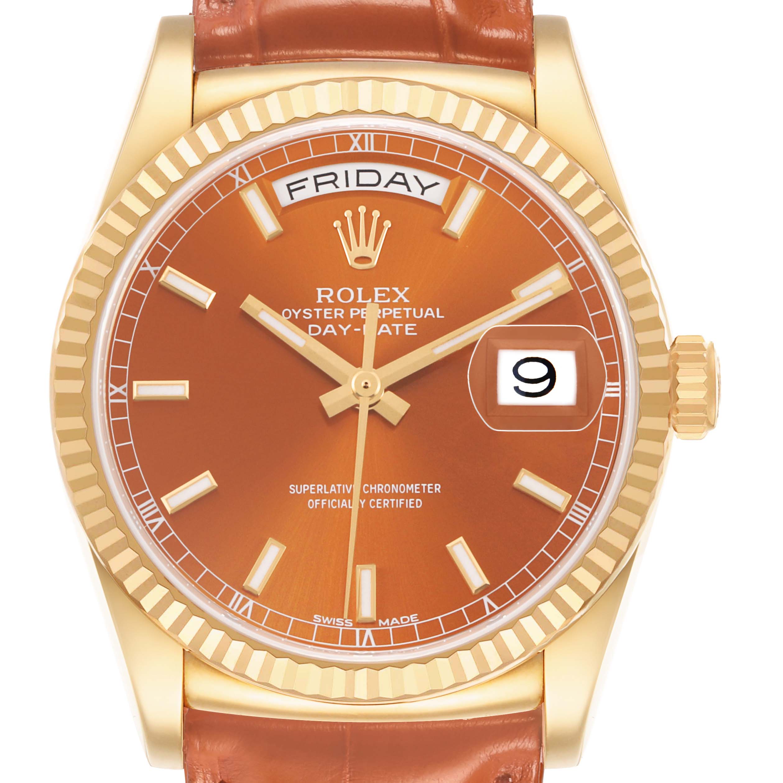 The Rolex President 118138 Men's Yellow Gold Orange Dial model is shown from the front, displaying the dial, hands, date window, and part of the bezel and strap.