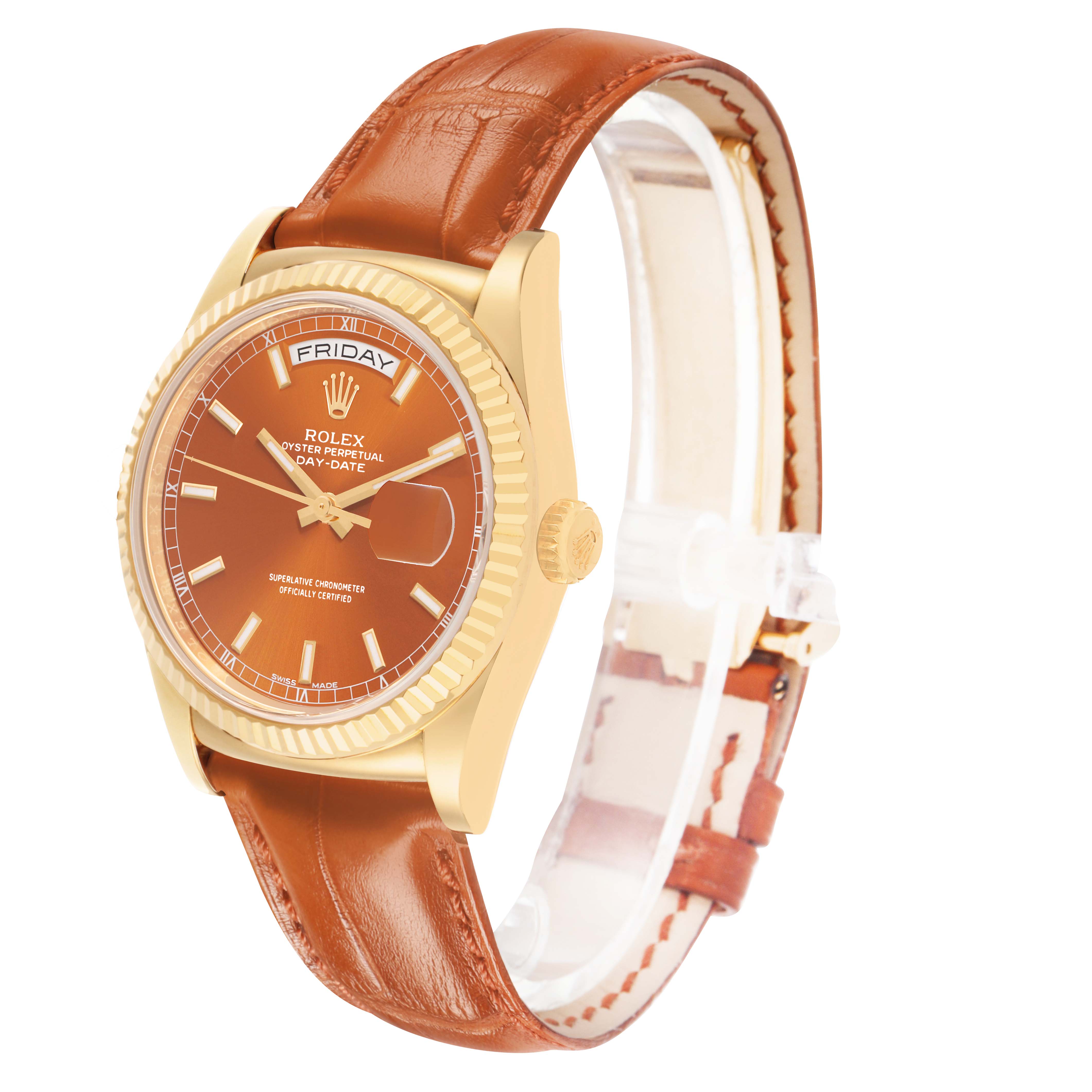 The Rolex President 118138 Men's Yellow Gold Orange Dial watch is shown at a three-quarter angle, featuring the dial, case, bezel, crown, and leather strap.