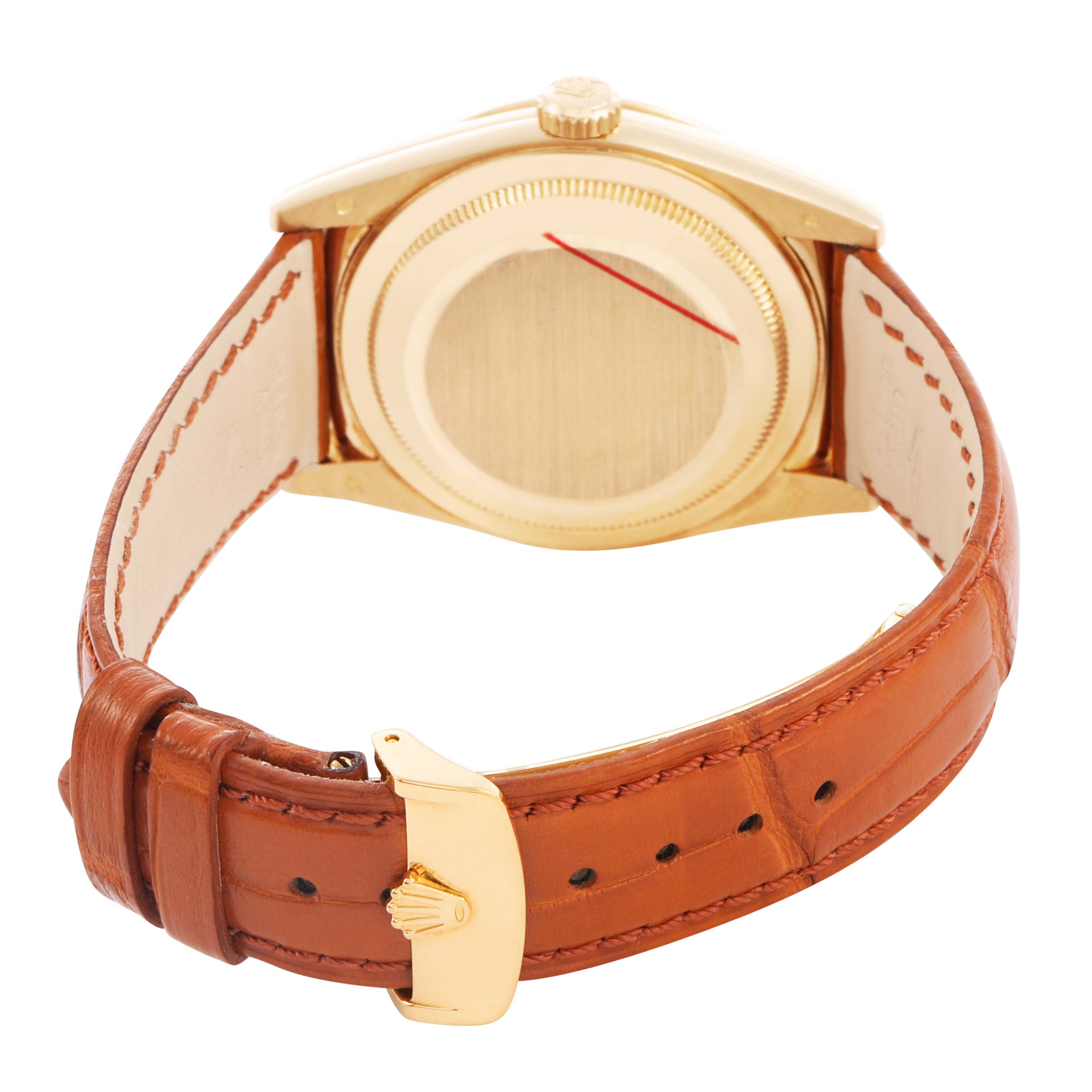 The image shows the backside of a Rolex President 118138 Men's Yellow Gold Orange Dial watch, highlighting its case back, crown, and leather strap with buckle.