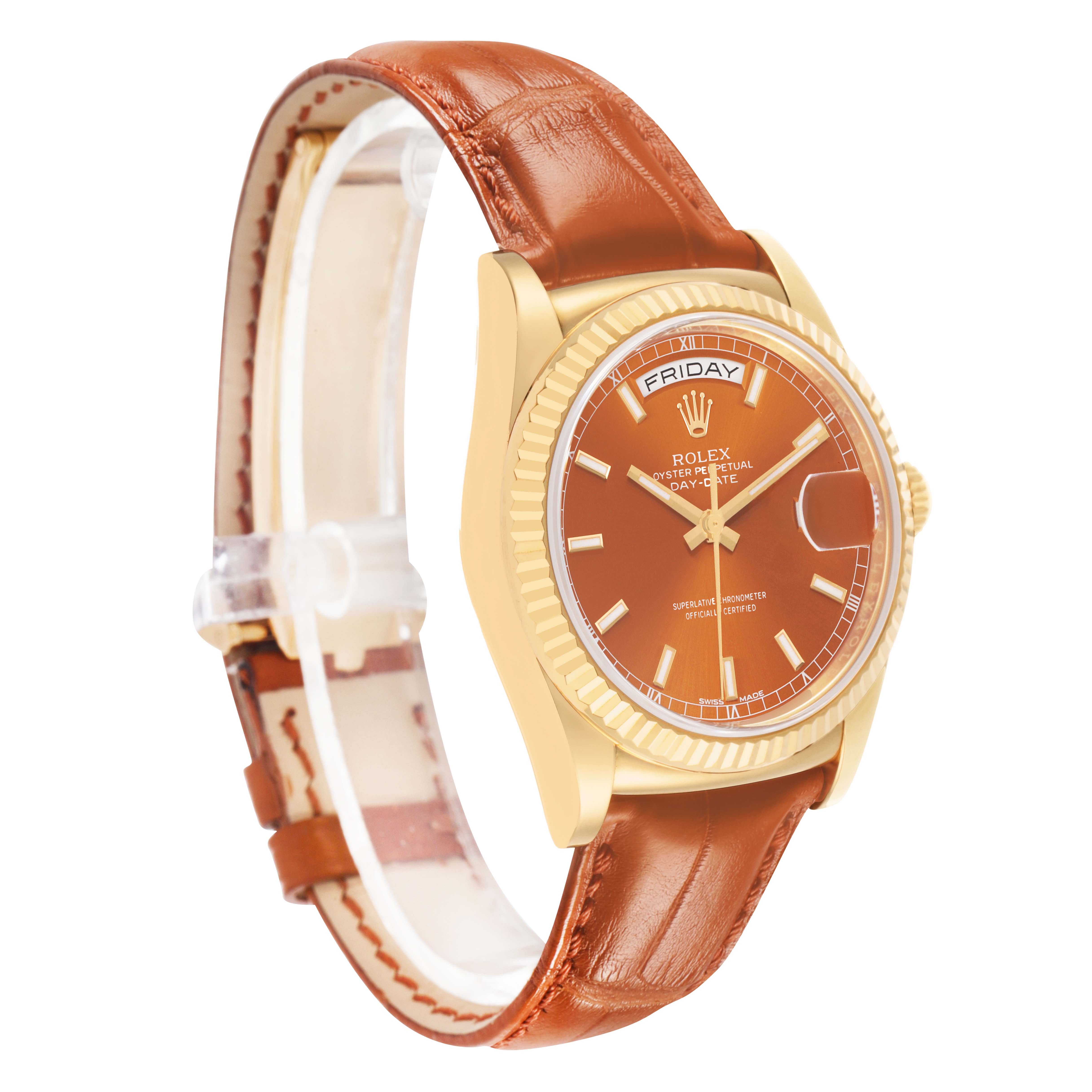 The Rolex President 118138 Men's Yellow Gold Orange Dial watch is shown at an angle highlighting the face, bezel, and leather strap.
