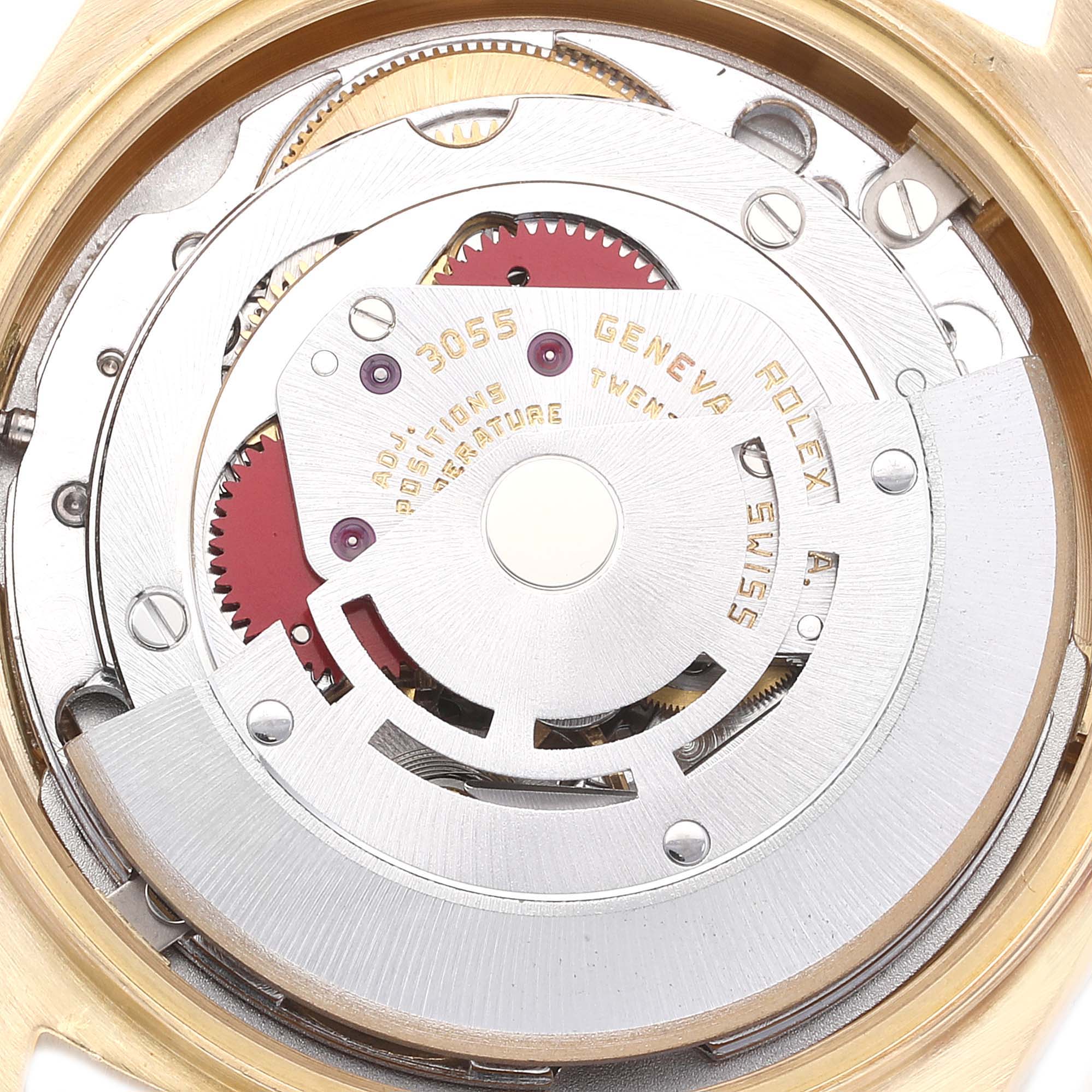 The image shows the internal mechanism of a Rolex President 18048 Men's Yellow Gold Champagne Dial 18048 Men's Yellow Gold Champagne Dial model watch viewed from the back.