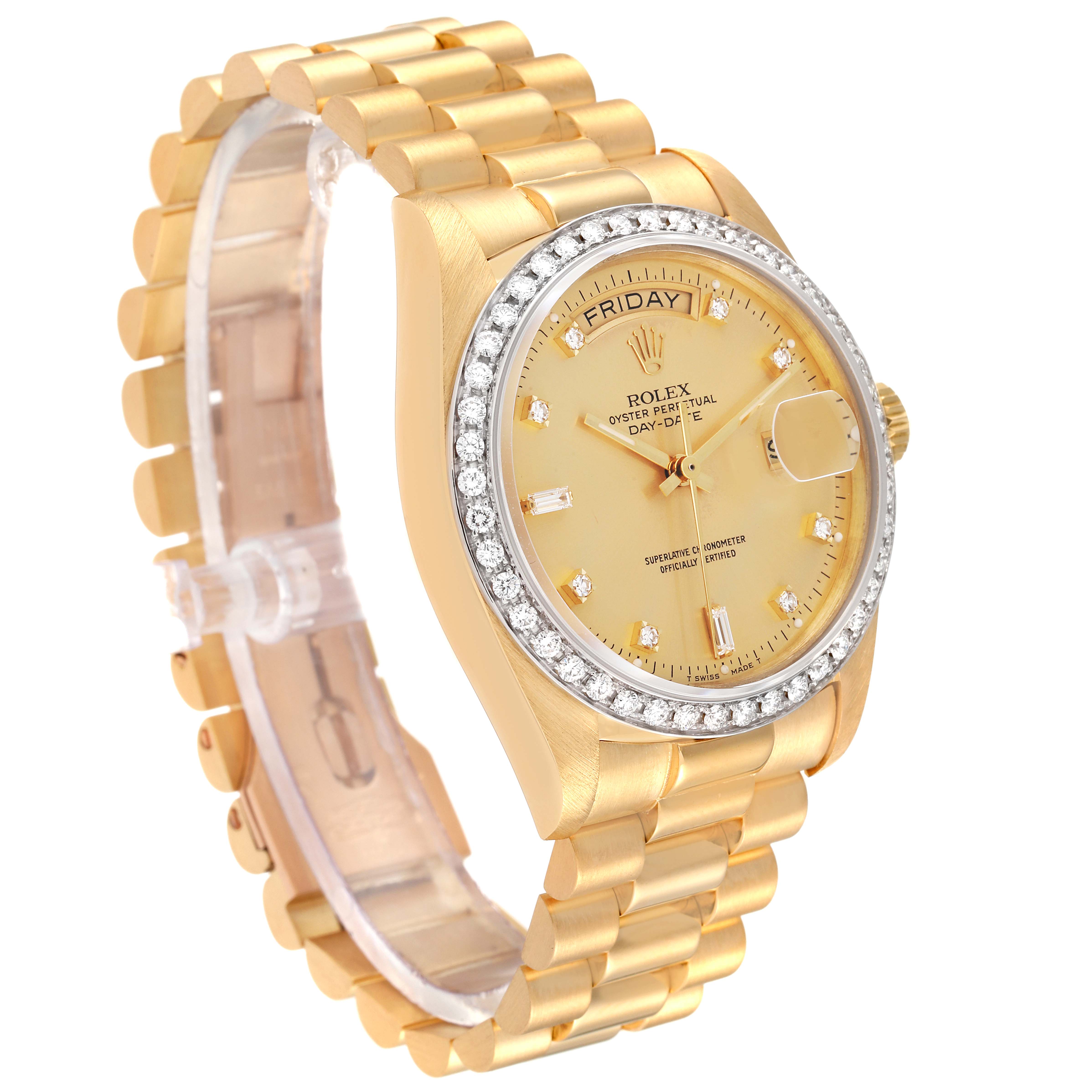 The image shows a slight angled side view of the Rolex President 18048 Men's Yellow Gold Champagne Dial 18048 Men's Yellow Gold Champagne Dial model, highlighting its bracelet, bezel, dial, and crown.