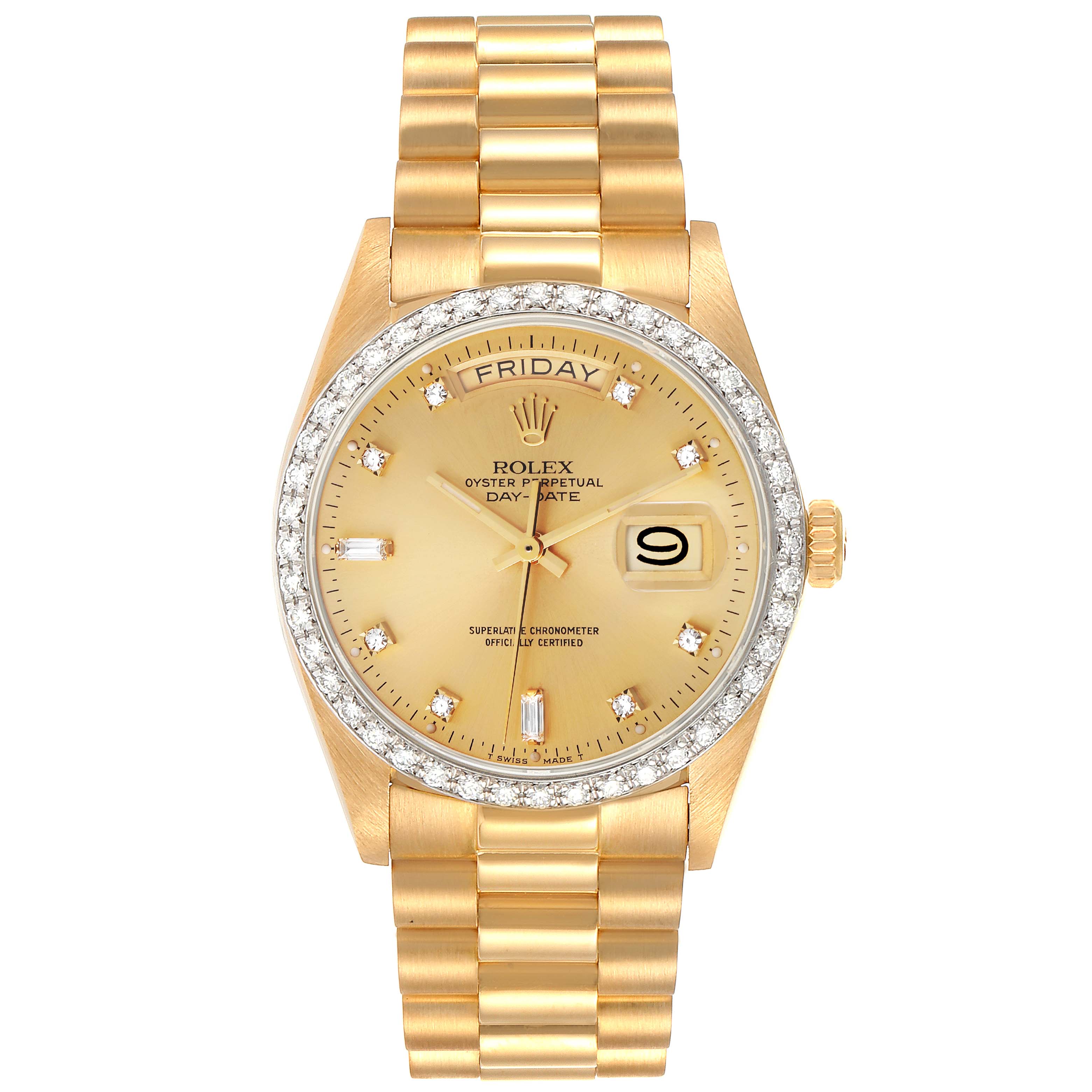 The image shows a Rolex President 18048 Men's Yellow Gold Champagne Dial 18048 Men's Yellow Gold Champagne Dial model watch, displaying the face, bezel, and bracelet in a straight-on view.