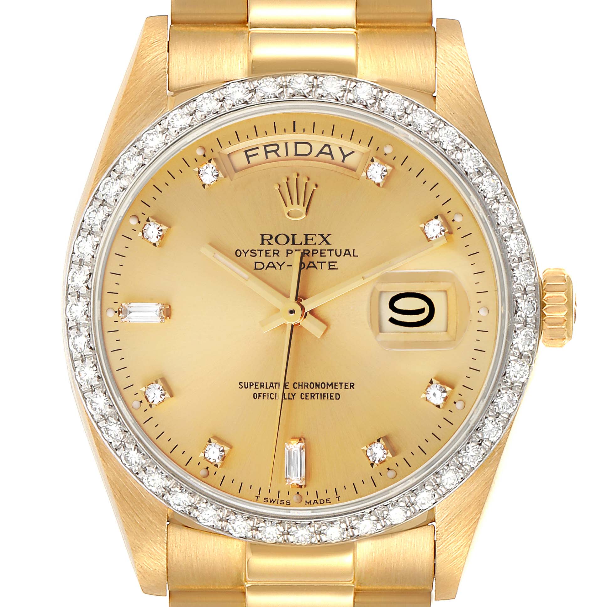 This Rolex President 18048 Men's Yellow Gold Champagne Dial 18048 Men's Yellow Gold Champagne Dial model watch is shown from the front, displaying the face, band, bezel, and crown.