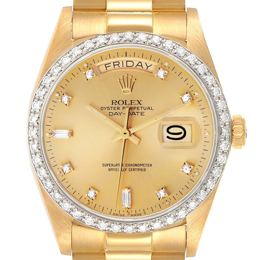Rolex President Day-Date Yellow Gold Diamond Bezel  Watch 18048 Papers SwissWatchExpo