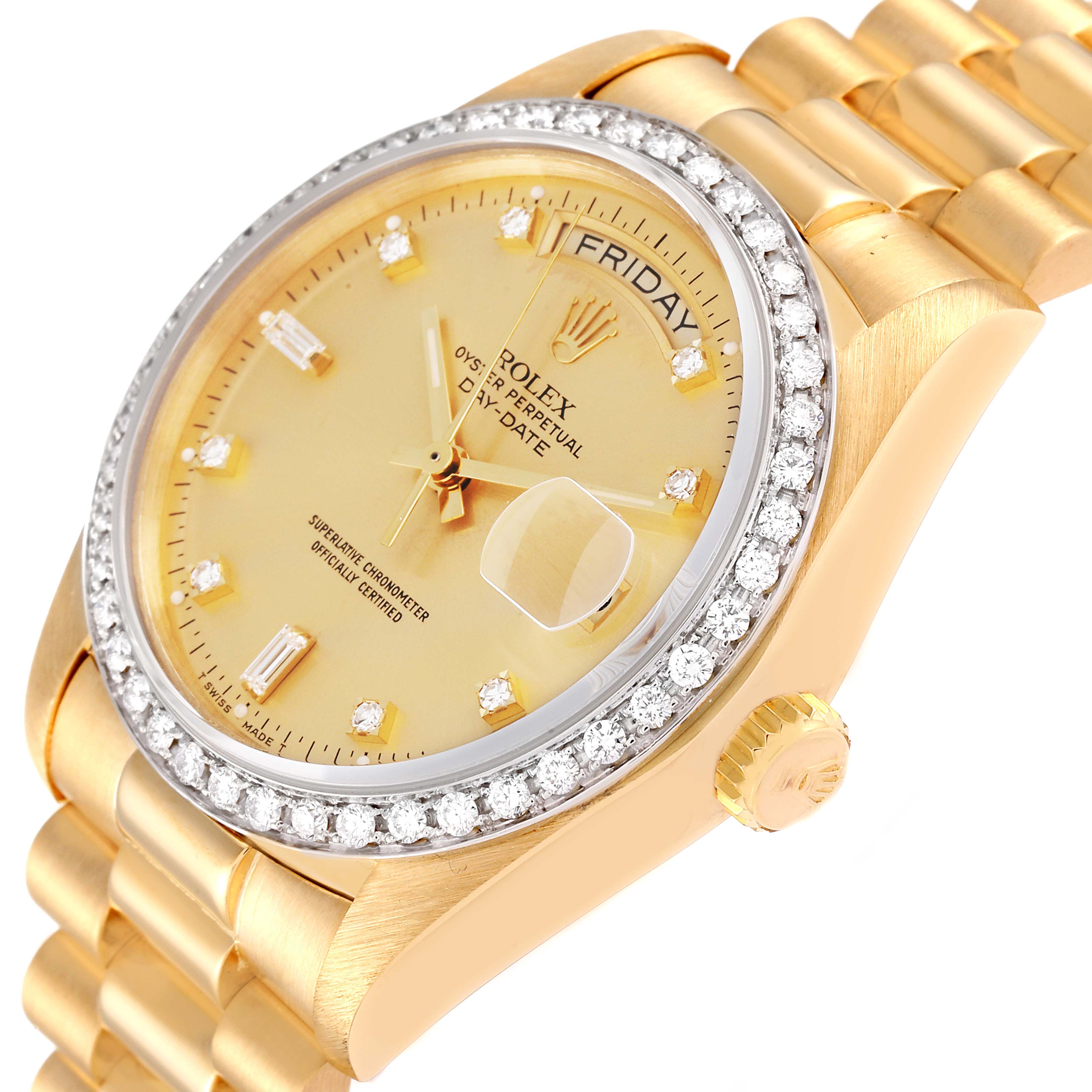 The image shows a close-up of the dial, bezel, crown, and bracelet of a Rolex President 18048 Men's Yellow Gold Champagne Dial 18048 Men's Yellow Gold Champagne Dial model watch.