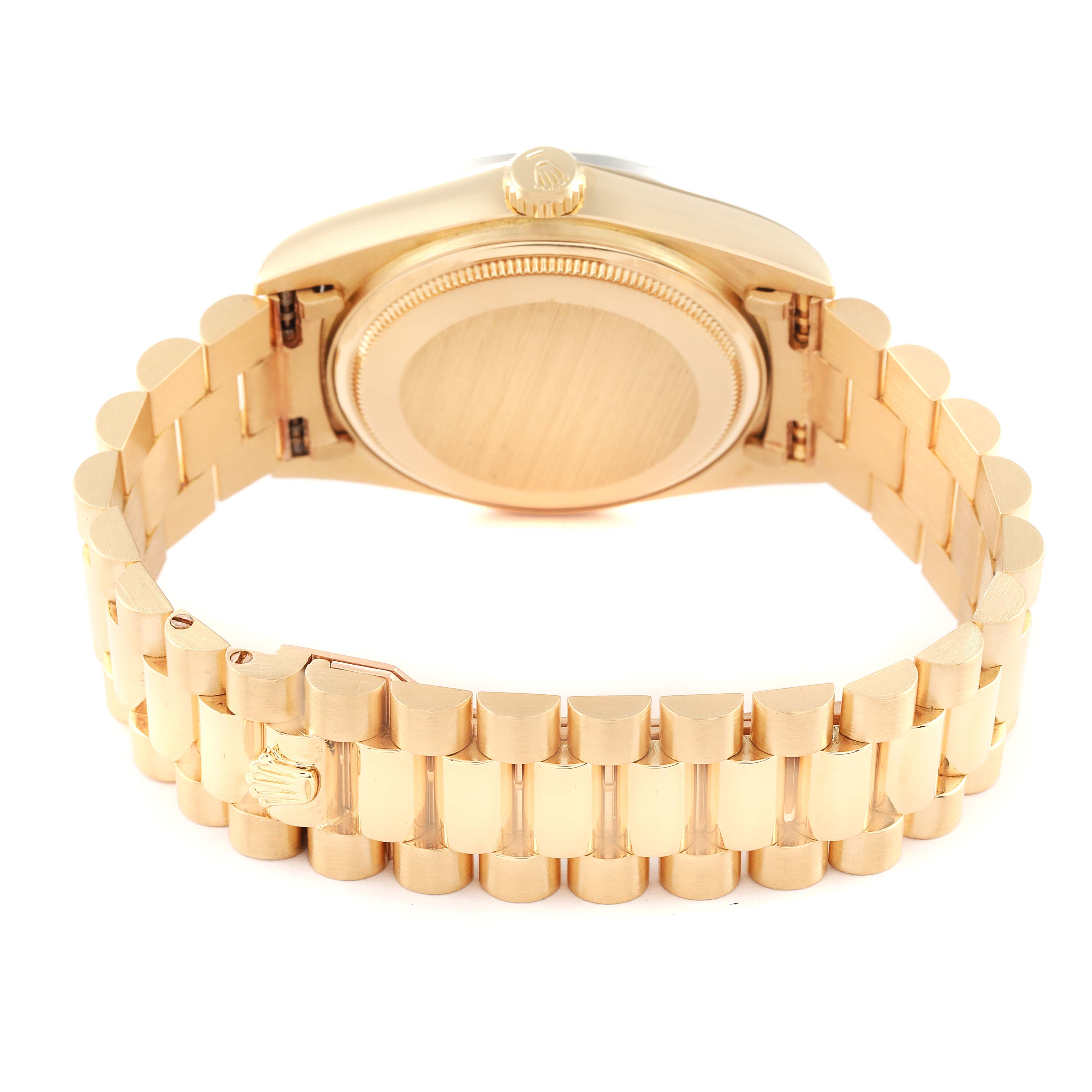 This image shows the back and bracelet clasp of the Rolex President 18048 Men's Yellow Gold Champagne Dial 18048 Men's Yellow Gold Champagne Dial model watch, highlighting its gold finish.