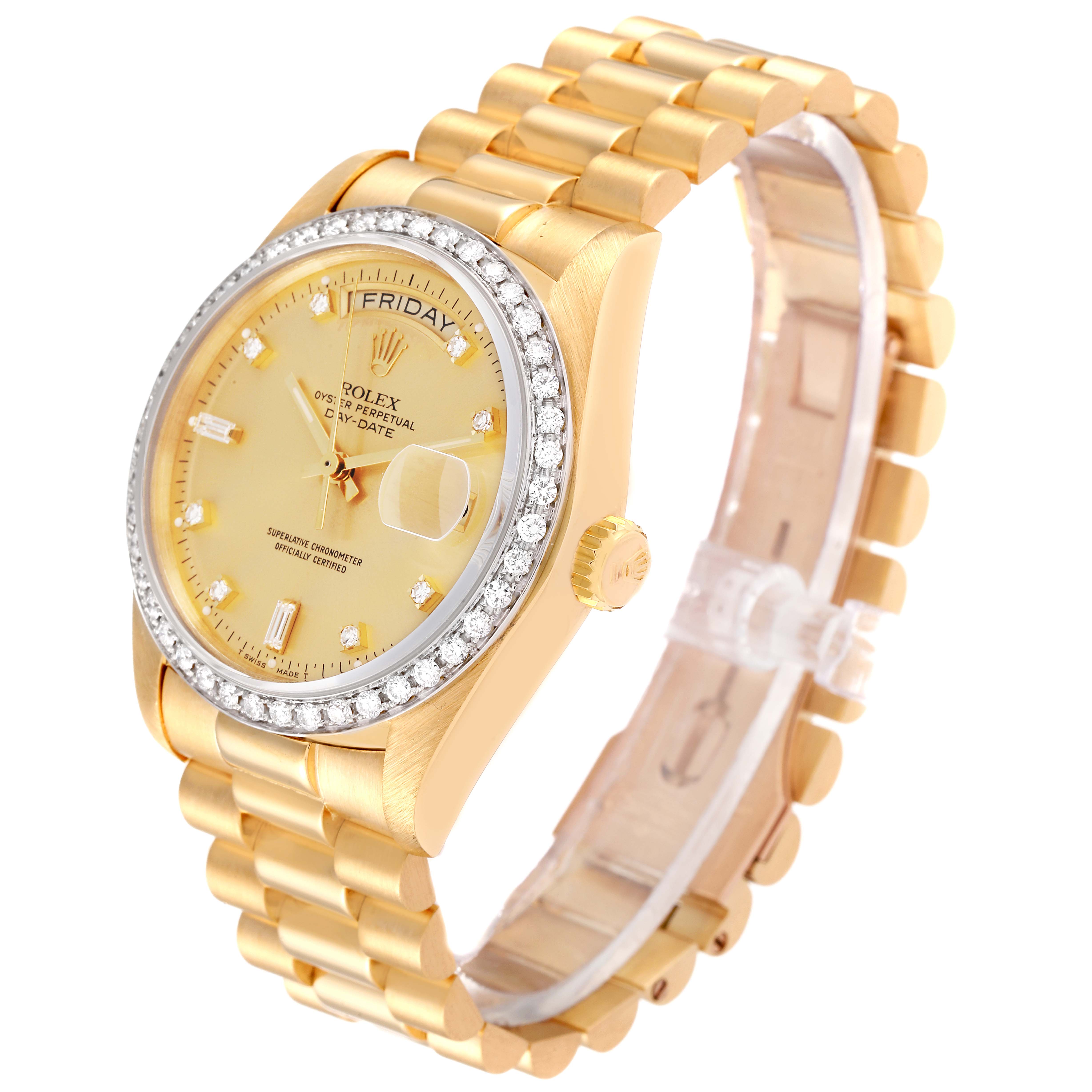 This is a Rolex President 18048 Men's Yellow Gold Champagne Dial 18048 Men's Yellow Gold Champagne Dial model watch shown from an angled side view, highlighting the dial, bezel, crown, and bracelet.