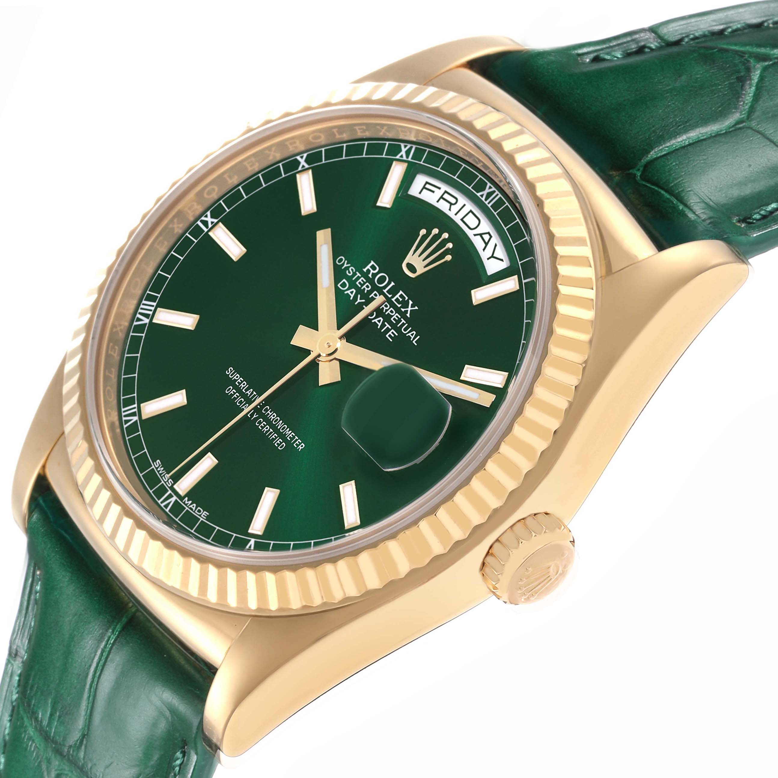 The image shows a Rolex President model 118138 men's watch at a slight angle, highlighting its green dial, fluted bezel, crown, and green leather strap.