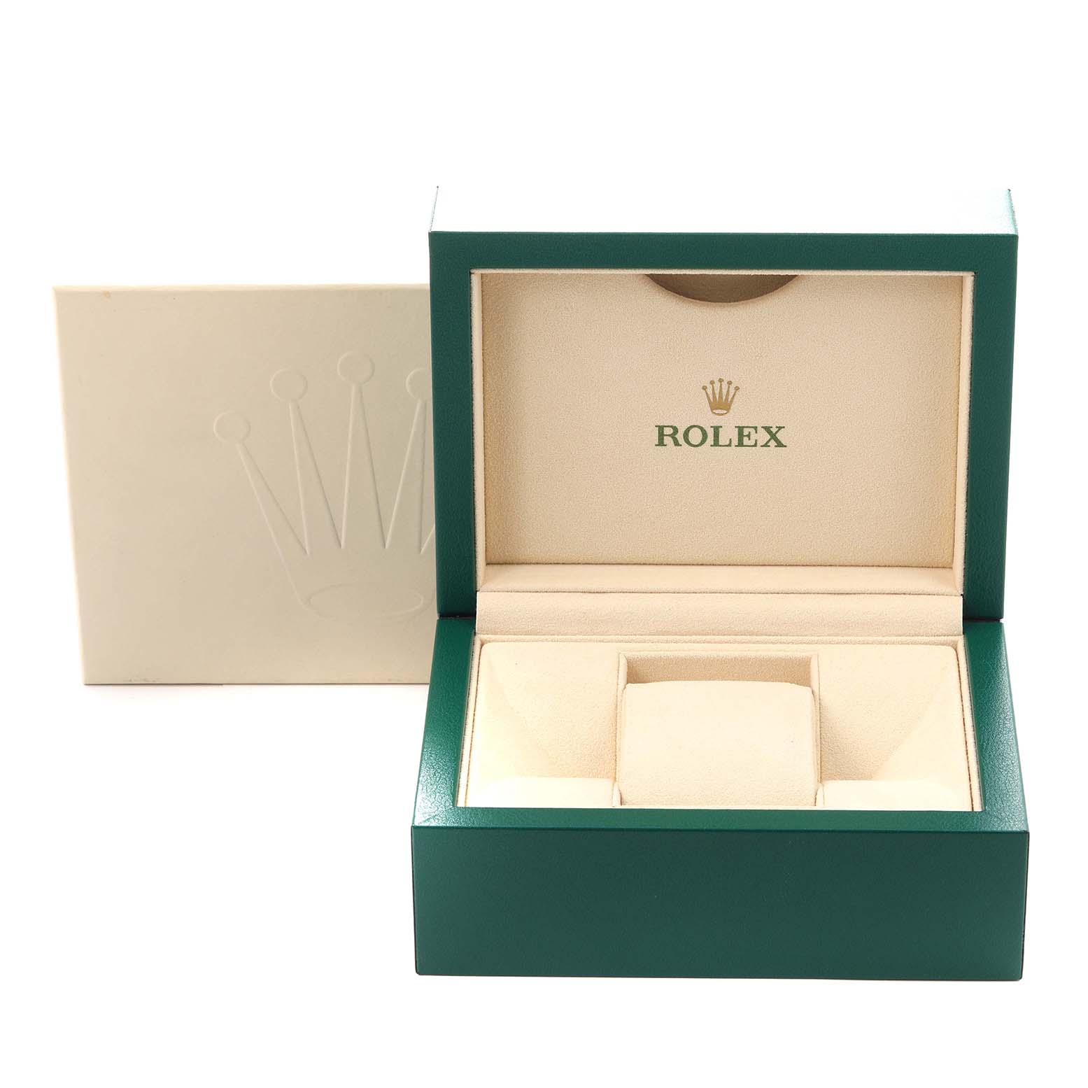 The image shows an open Rolex watch box and outer packaging, but the Rolex President model 118138 timepiece itself is not visible.