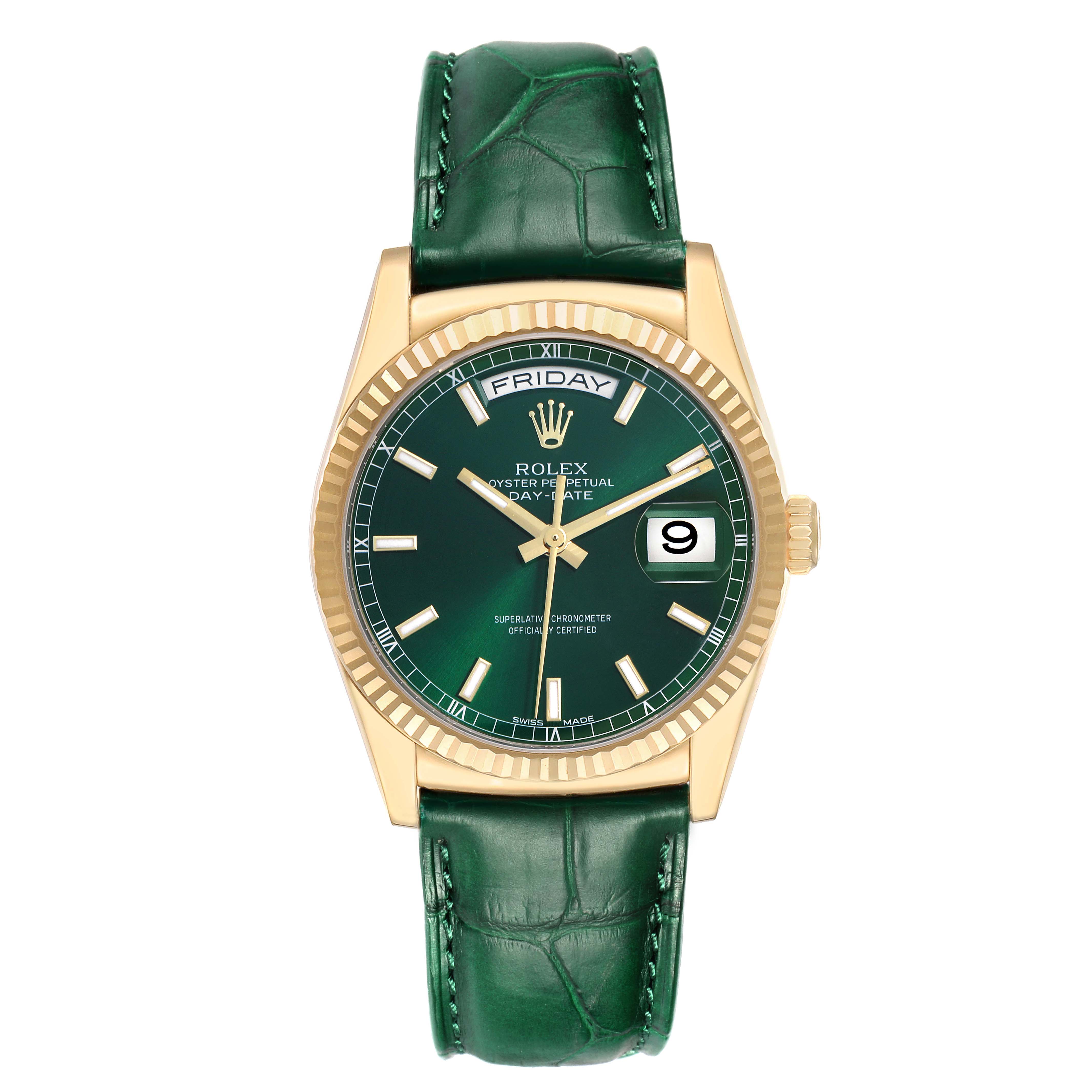 The Rolex President model 118138 men's watch is shown from a top-down angle, highlighting the gold case, green dial, day-date display, and green leather strap.