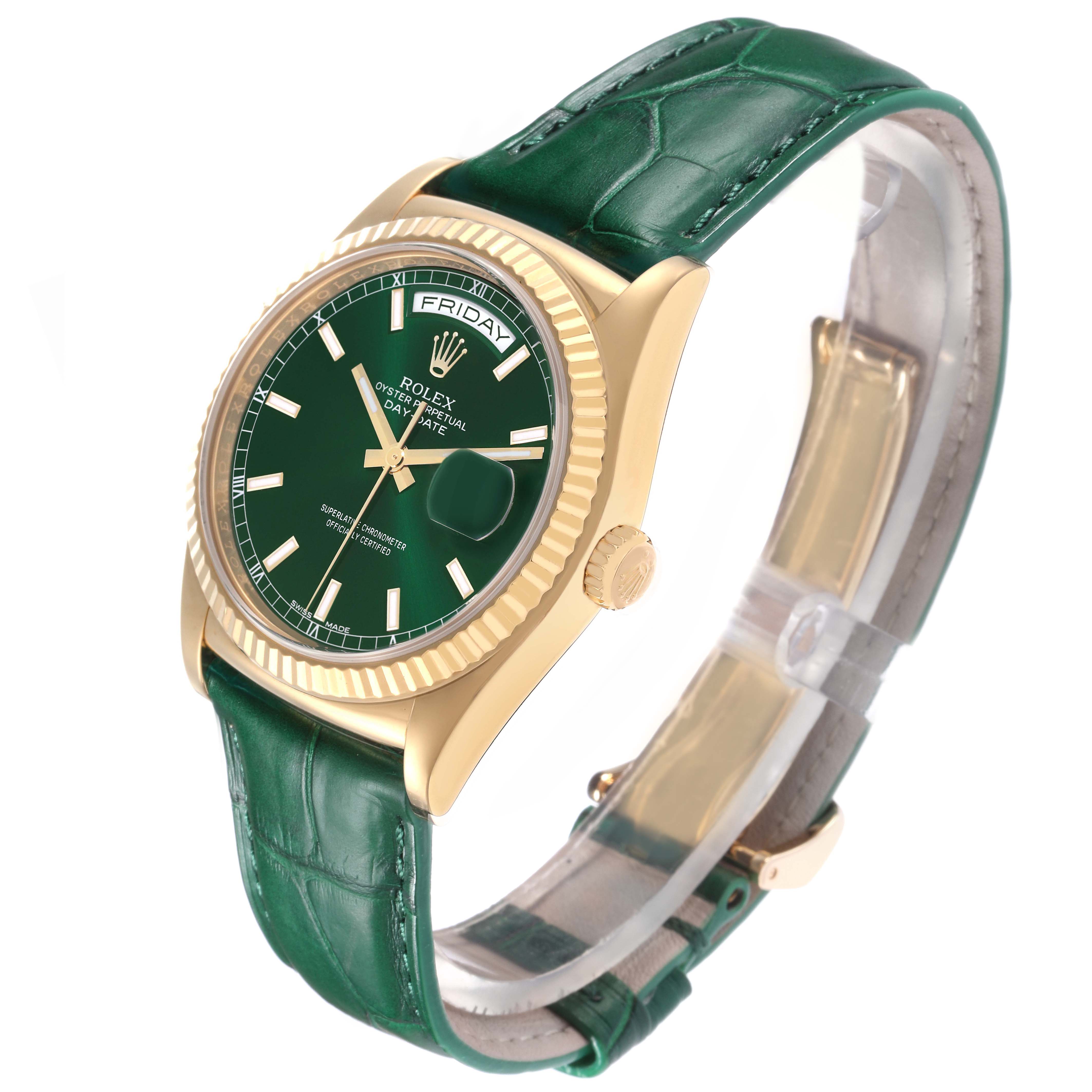 The Rolex President model 118138 is shown at a three-quarter angle, displaying the face, bezel, crown, and green leather strap.