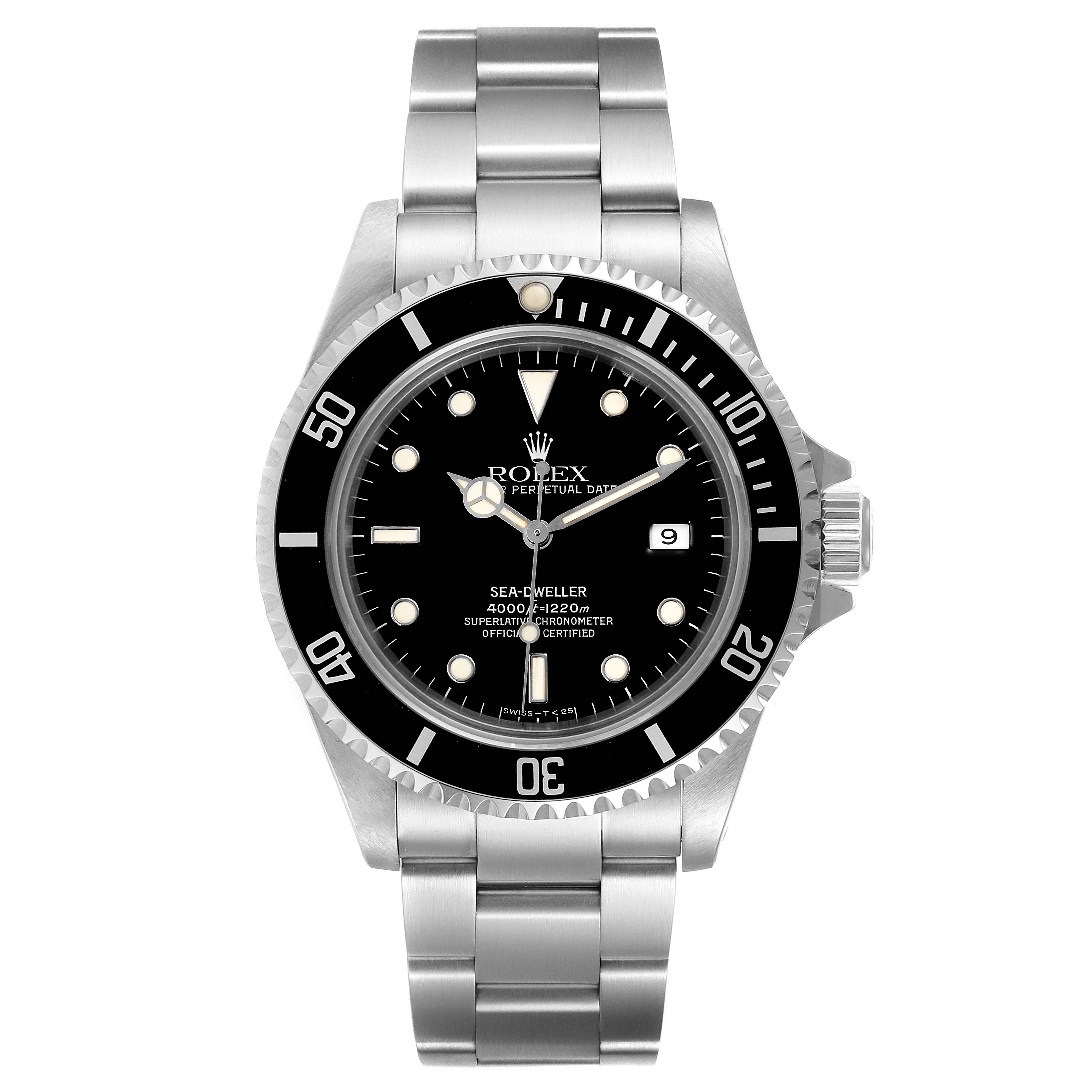The image shows a front angle view of the Rolex Sea-Dweller 16600 Men
s Stainless Steel Black Dial 16600 Men
s Stainless Steel Black Dial watch, highlighting its dial, bezel, and bracelet.