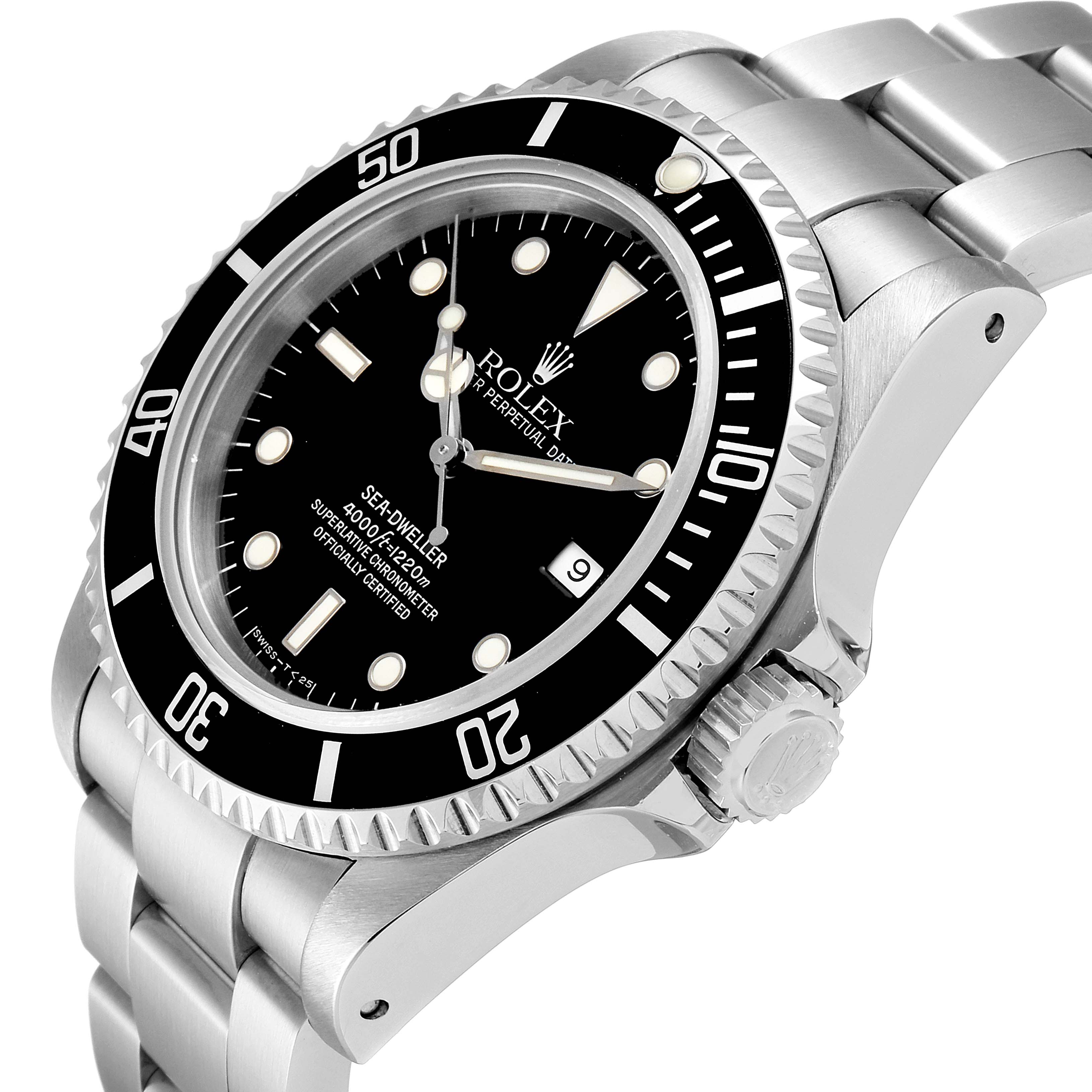 The image shows a close-up side angle of a Rolex Sea-Dweller 16600 Men
s Stainless Steel Black Dial 16600 Men
s Stainless Steel Black Dial watch, highlighting the black dial, bezel, and bracelet.