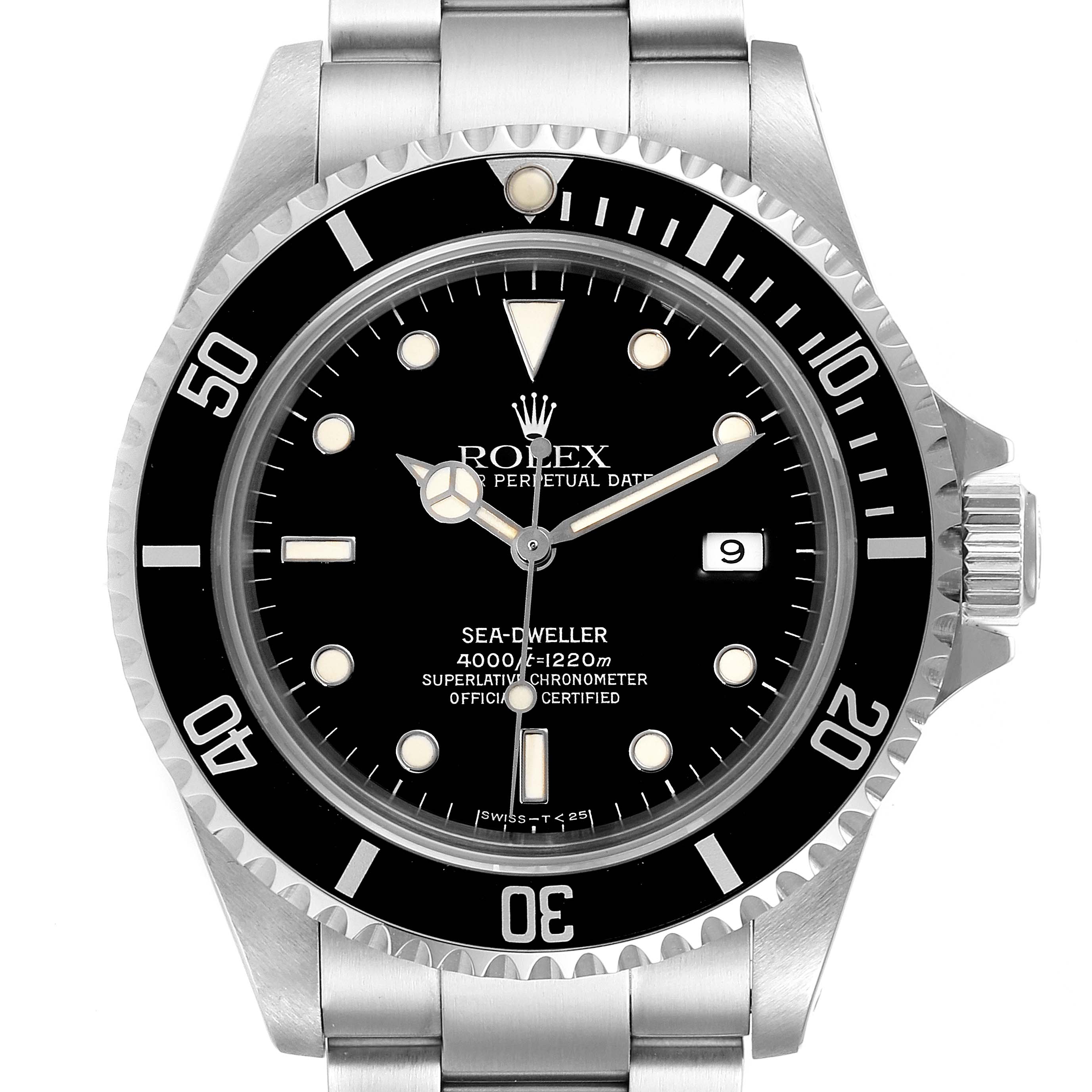 The image shows a front view of the Rolex Sea-Dweller 16600 Men
s Stainless Steel Black Dial 16600 Men
s Stainless Steel Black Dial watch including the dial, bezel, crown, and bracelet.
