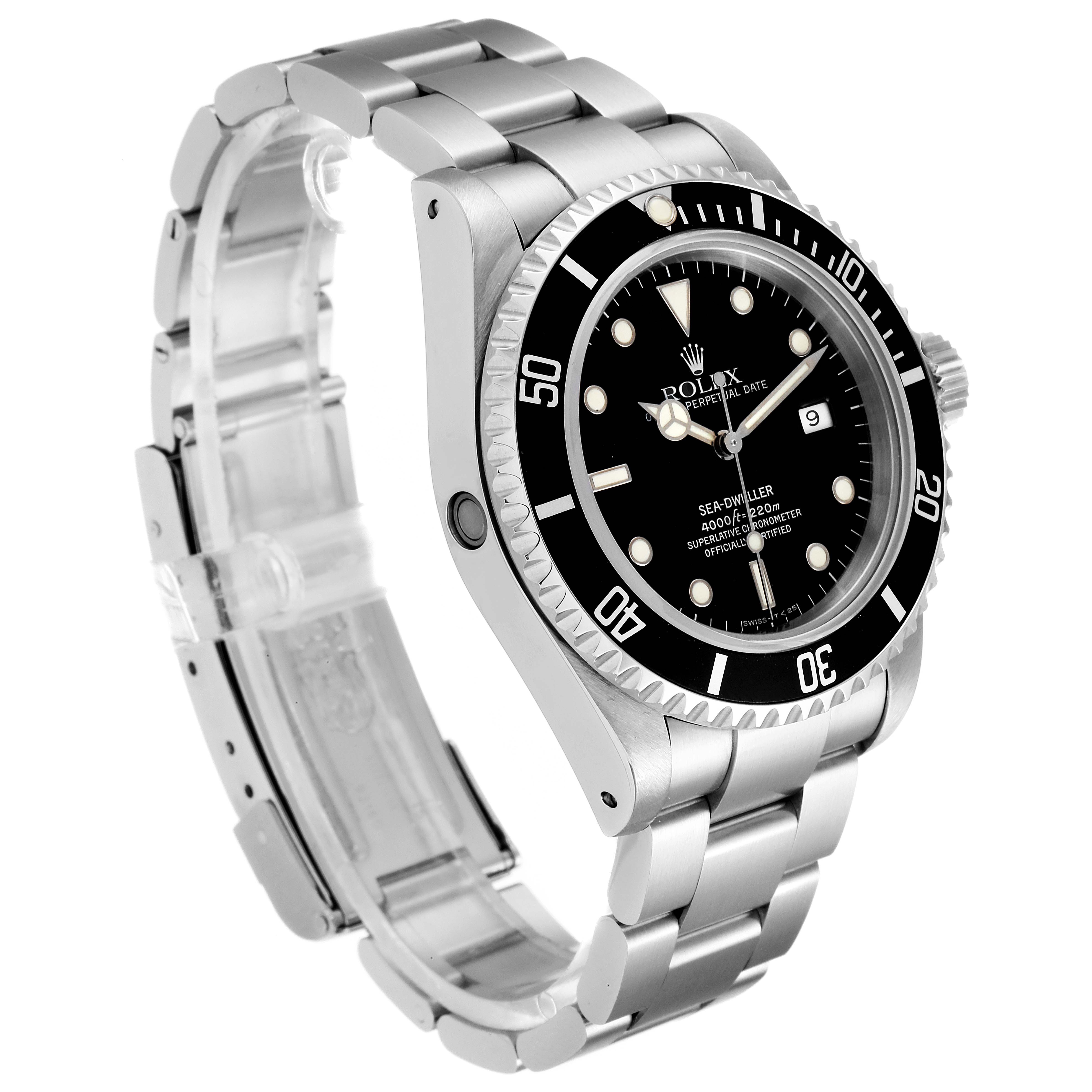 The image shows a Rolex Sea-Dweller 16600 Men
s Stainless Steel Black Dial 16600 Men
s Stainless Steel Black Dial watch viewed at a slight angle, displaying the face, bezel, crown, and bracelet.
