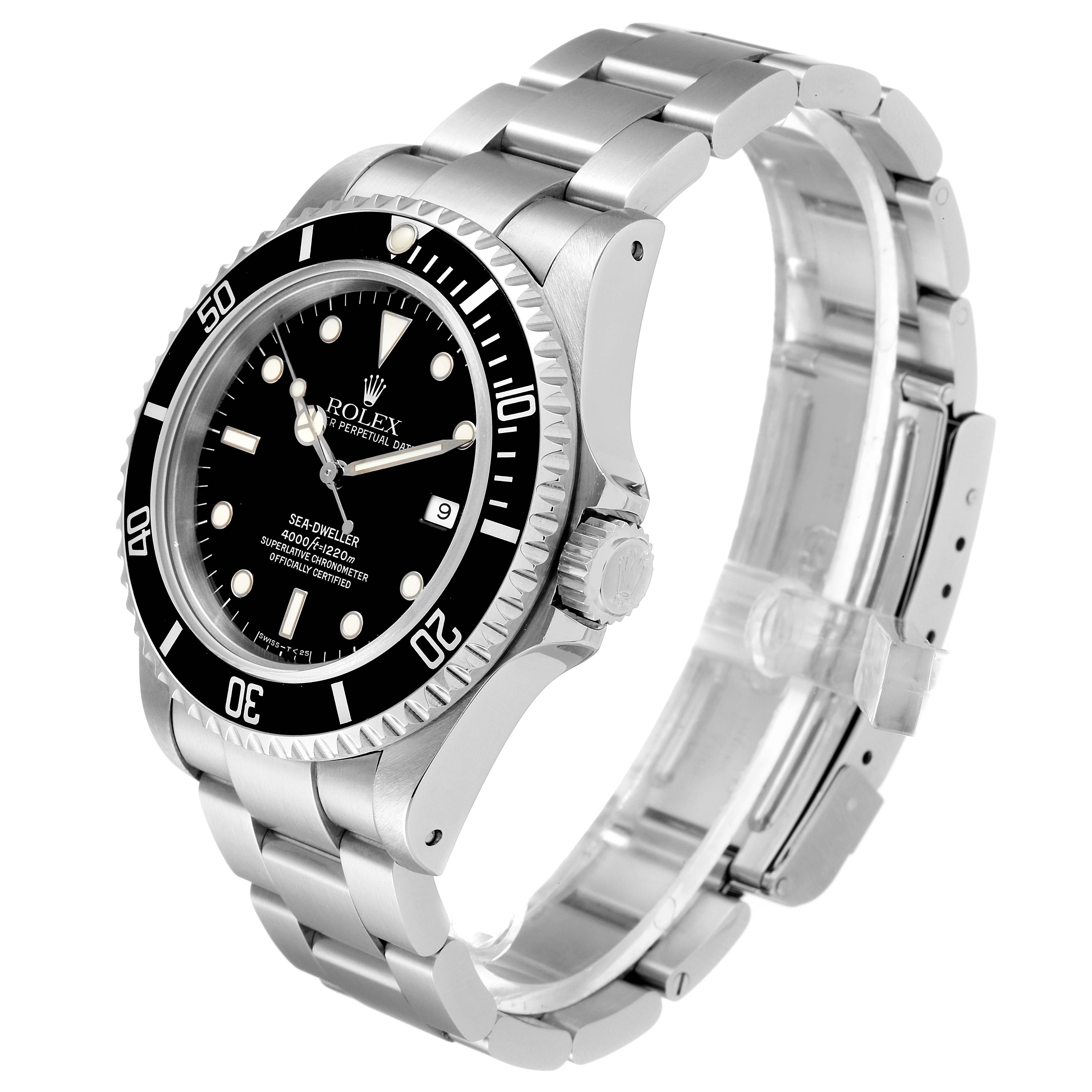 The image shows a Rolex Sea-Dweller 16600 Men
s Stainless Steel Black Dial 16600 Men
s Stainless Steel Black Dial watch angled to display the dial, bezel, crown, and part of the bracelet.