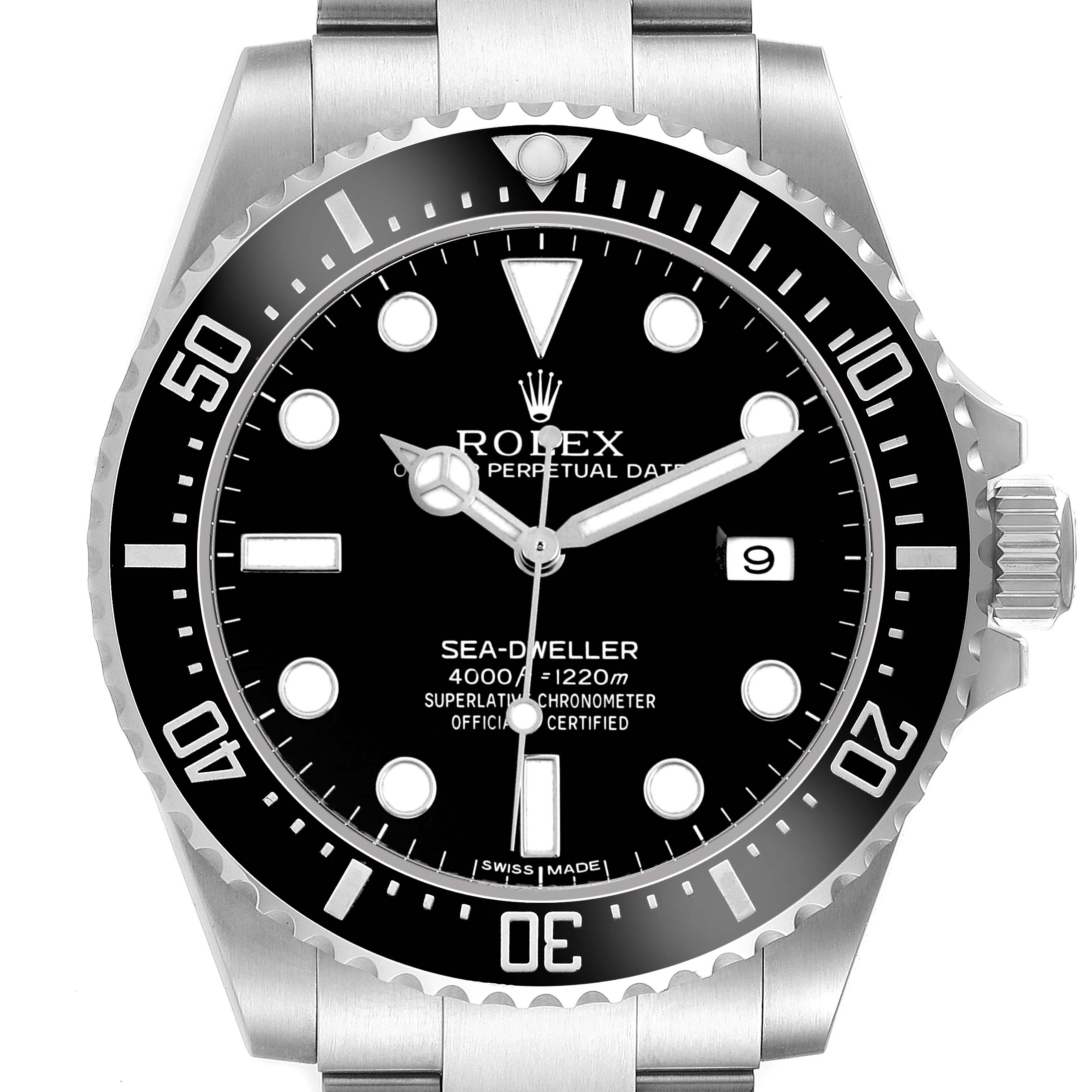 The Rolex Sea-Dweller 116600 Men's Stainless Steel Black Dial watch is shown from a front angle, highlighting the dial, bezel, and part of the bracelet.