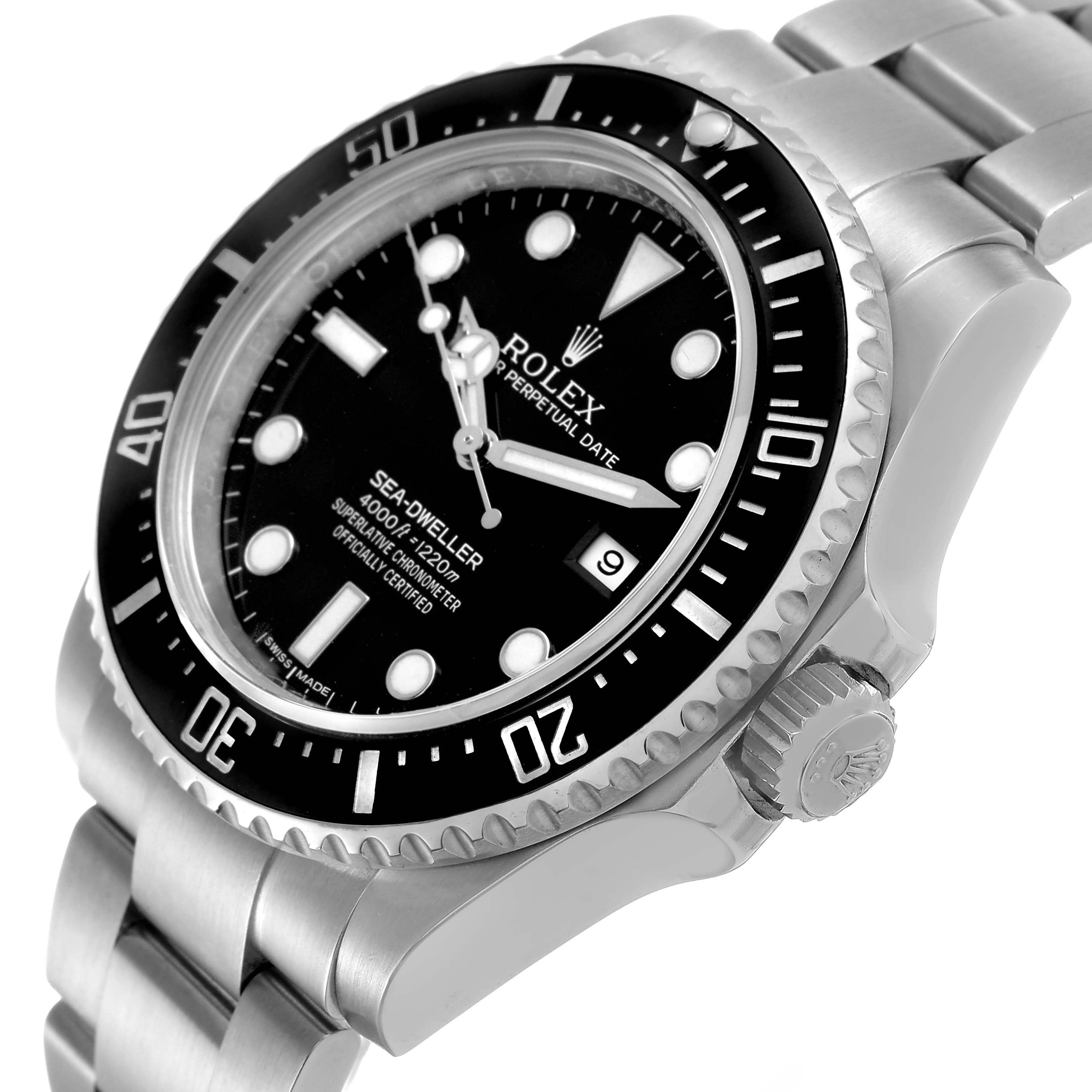 The Rolex Sea-Dweller 116600 Men's Stainless Steel Black Dial watch is shown from a side angle displaying the face, bezel, crown, and part of the bracelet.