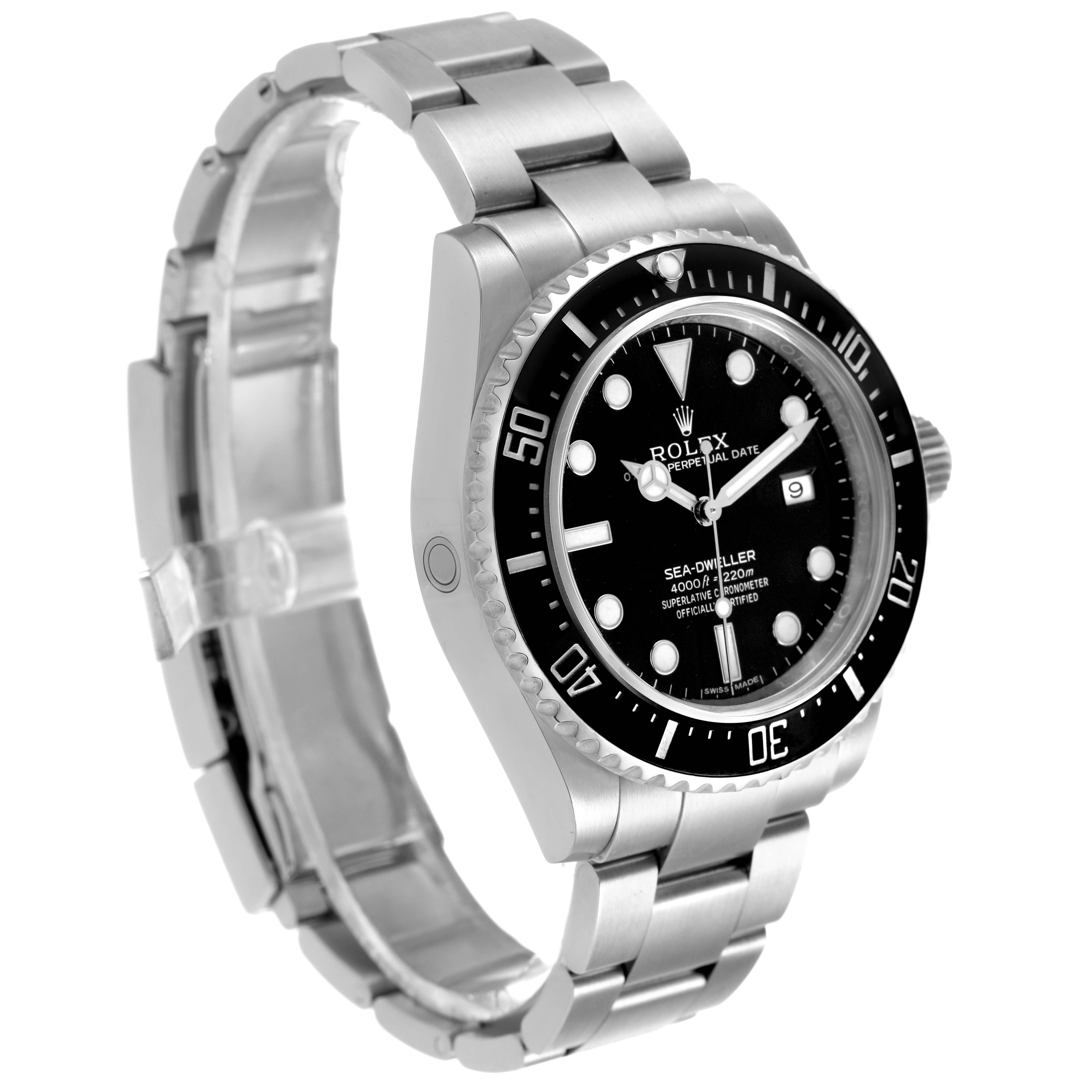 The image shows a Rolex Sea-Dweller 116600 Men's Stainless Steel Black Dial watch at a three-quarter angle, displaying the dial, bezel, and bracelet.