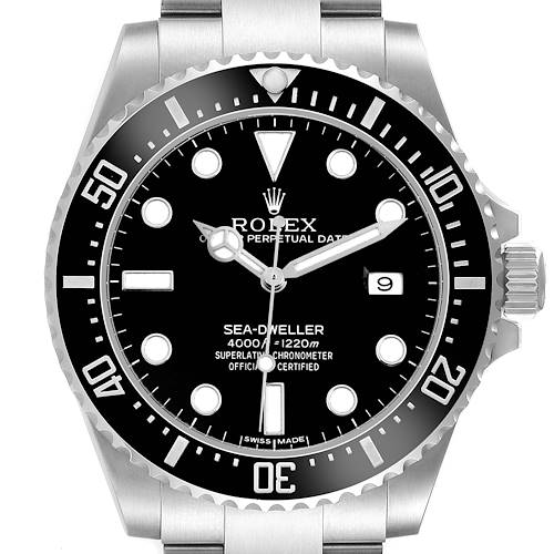 The Rolex Sea-Dweller 116600 Men's Stainless Steel Black Dial watch is shown from the front, displaying its dial, bezel, and crown.