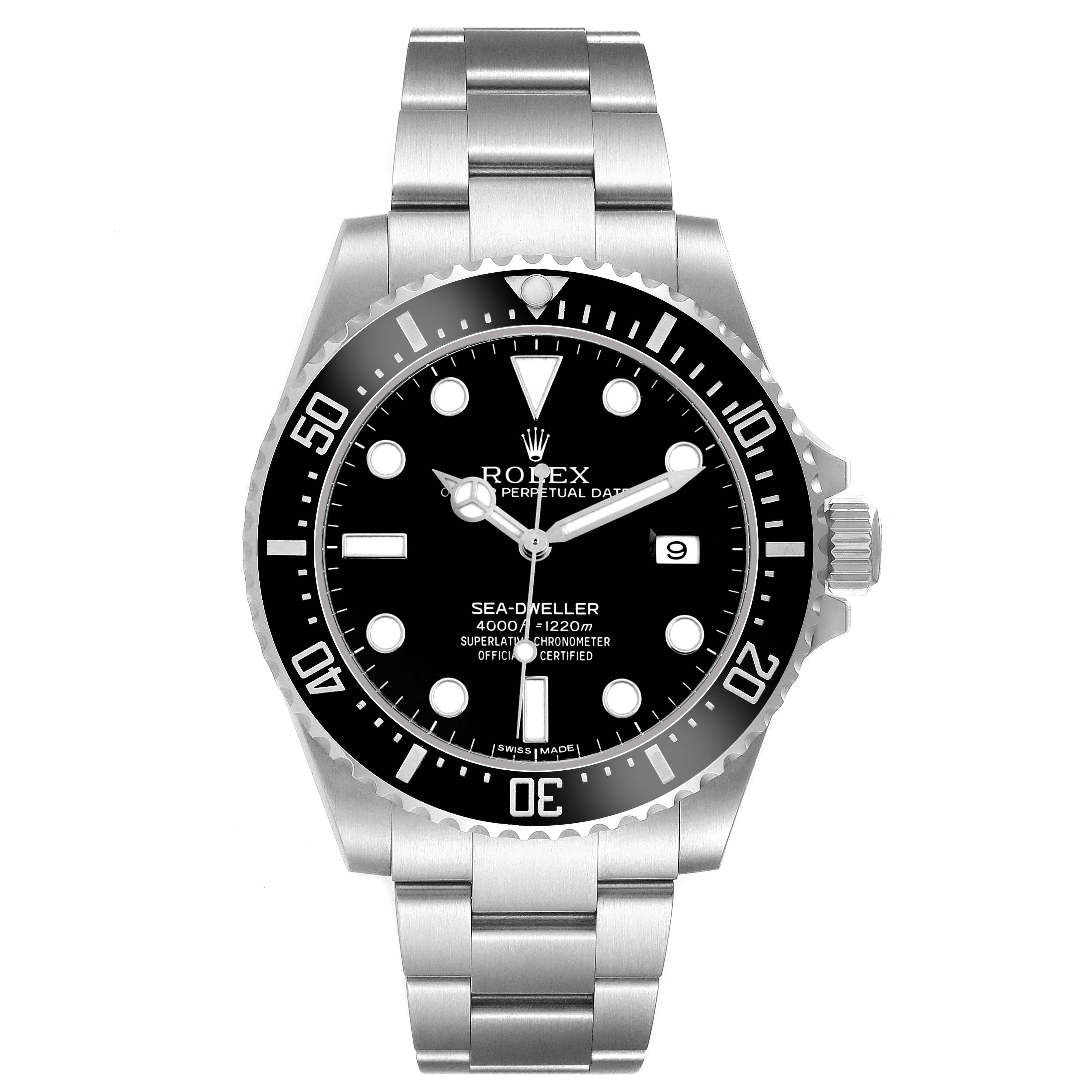 The Rolex Sea-Dweller 116600 Men's Stainless Steel Black Dial watch is shown from a front angle, displaying its dial, bezel, bracelet, and crown.