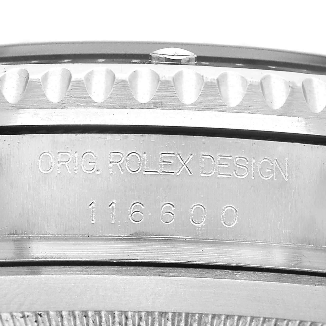 The image shows a close-up of the side of a Rolex Sea-Dweller 116600 Men's Stainless Steel Black Dial, focusing on the engraved model number and Rolex design text.