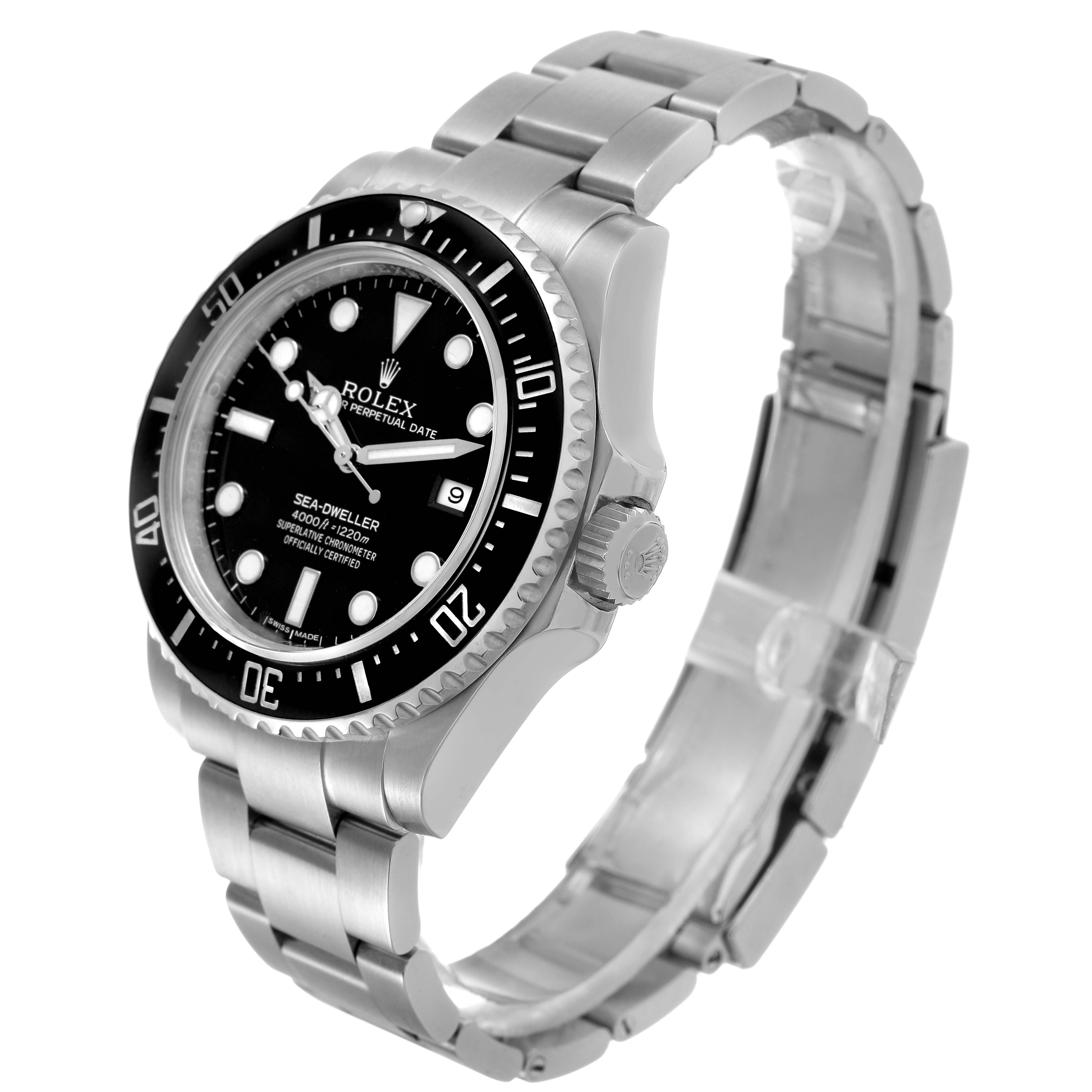 The Rolex Sea-Dweller 116600 Men's Stainless Steel Black Dial watch is shown at a three-quarter angle, highlighting the dial, bezel, crown, and bracelet.