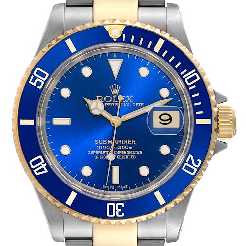 This is a front view of a Rolex Submariner, showing the blue dial, date window, bezel, and partial bracelet.