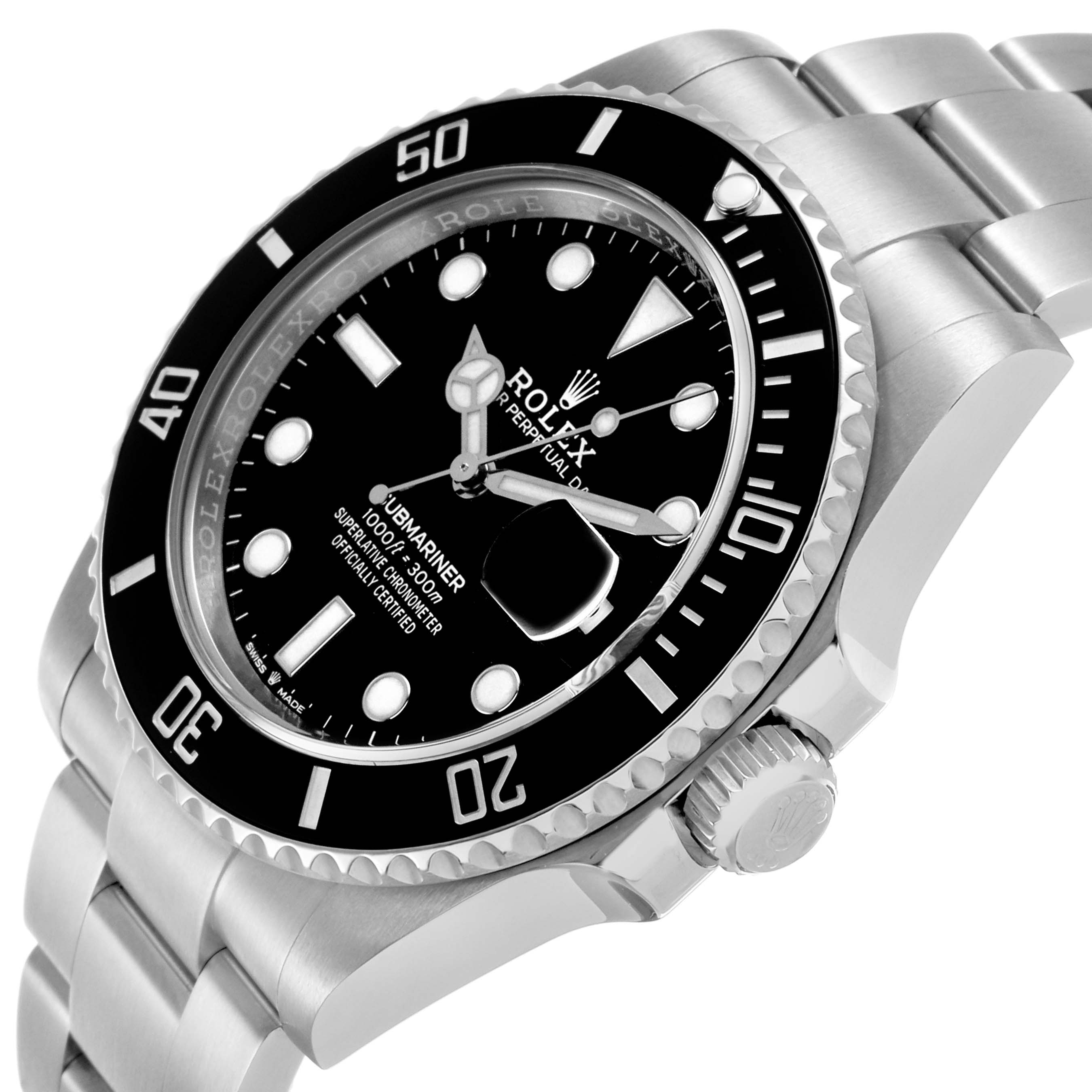 The Rolex Submariner 126610LN Men's Stainless Steel Black Dial watch is shown at a slight angle from above, displaying the dial, bezel, case, and bracelet prominently.