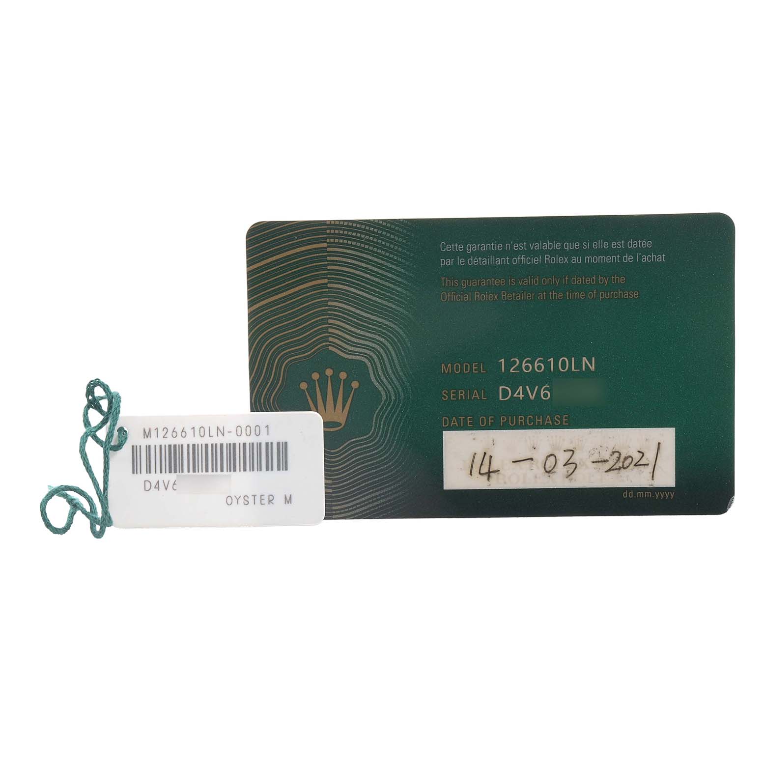The image shows a Rolex Submariner 126610LN Men's Stainless Steel Black Dial model card and tag, displaying the model number, serial number, and purchase date.