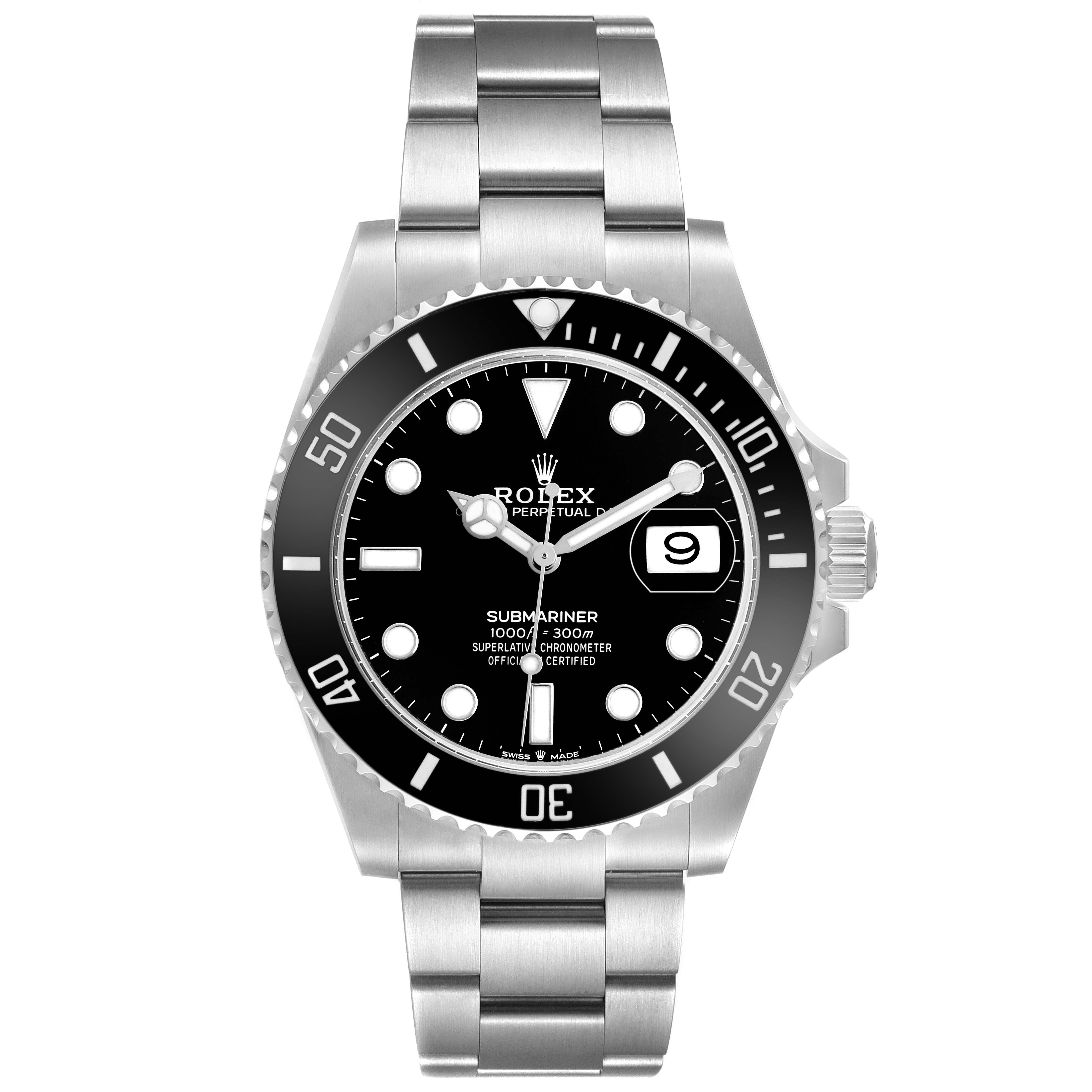 The Rolex Submariner 126610LN Men's Stainless Steel Black Dial watch is shown from the front, displaying its dial, bezel, and bracelet.