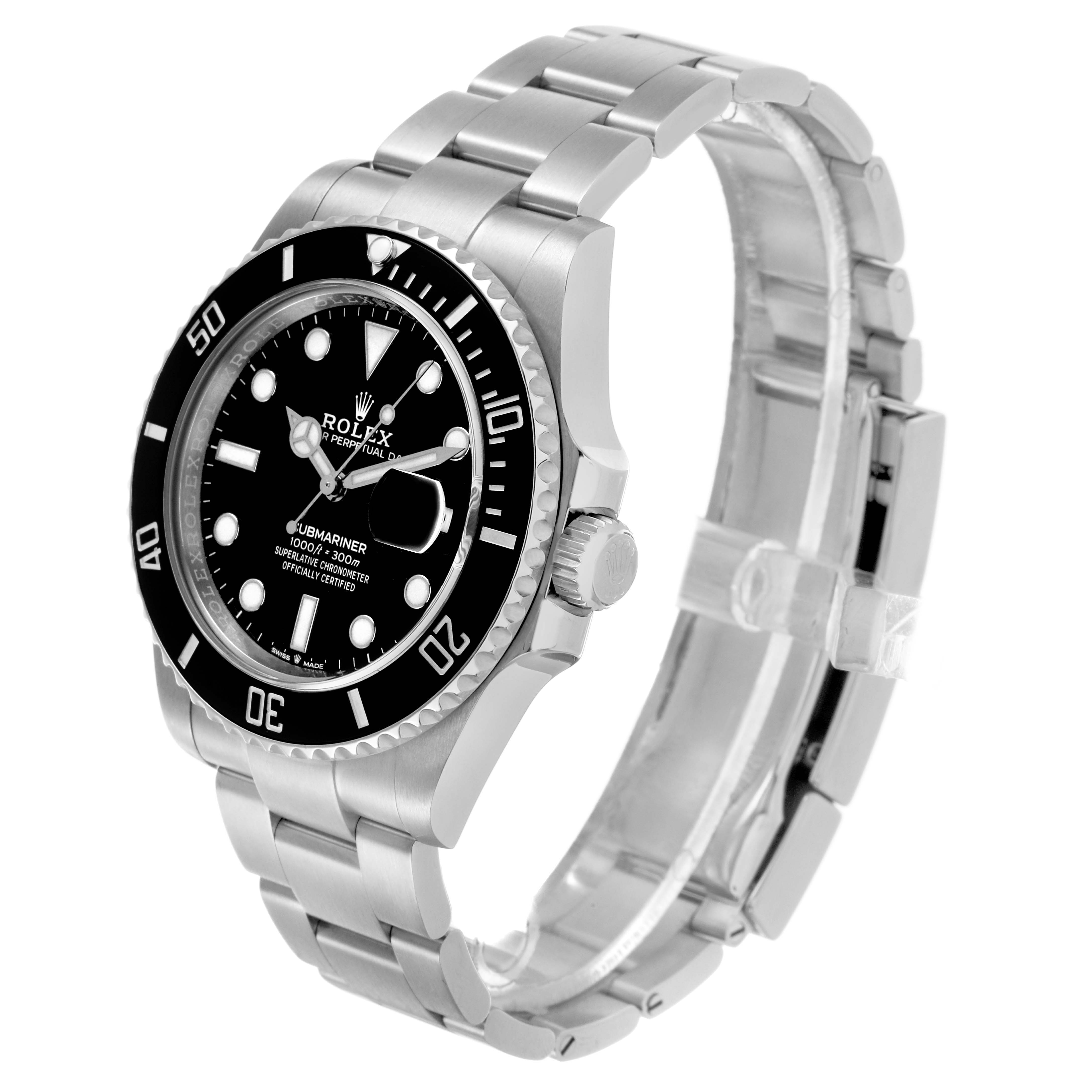 The Rolex Submariner 126610LN Men's Stainless Steel Black Dial is shown at a three-quarter angle, displaying the dial, bezel, and bracelet.