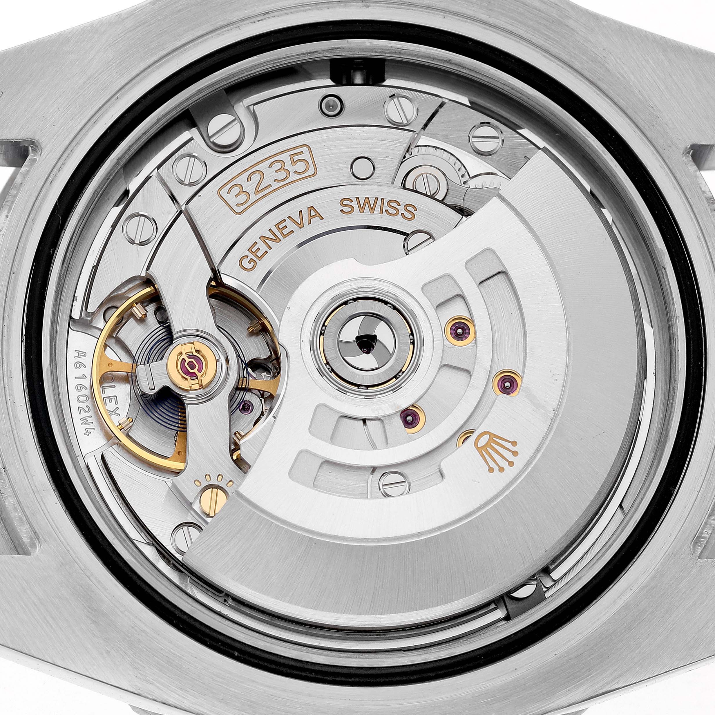 The image shows the inner movement mechanism of the Rolex Submariner 126610LN Men's Stainless Steel Black Dial from a back view angle.