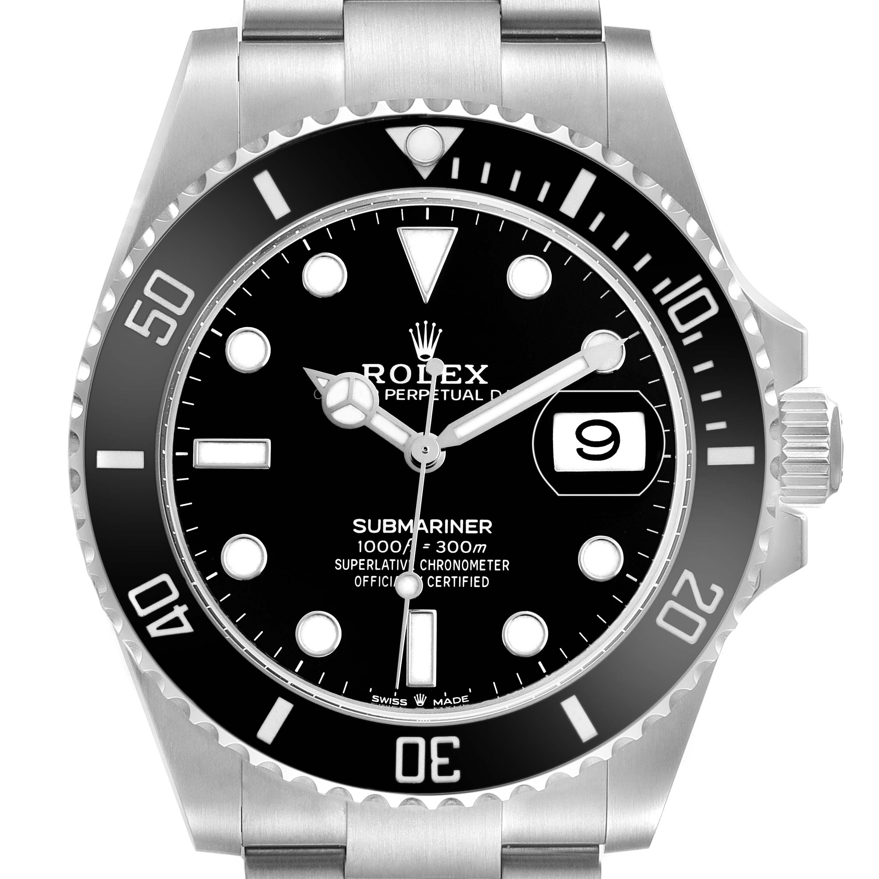 The Rolex Submariner 126610LN Men's Stainless Steel Black Dial watch is shown from a top-down angle, displaying the dial, bezel, and part of the bracelet.