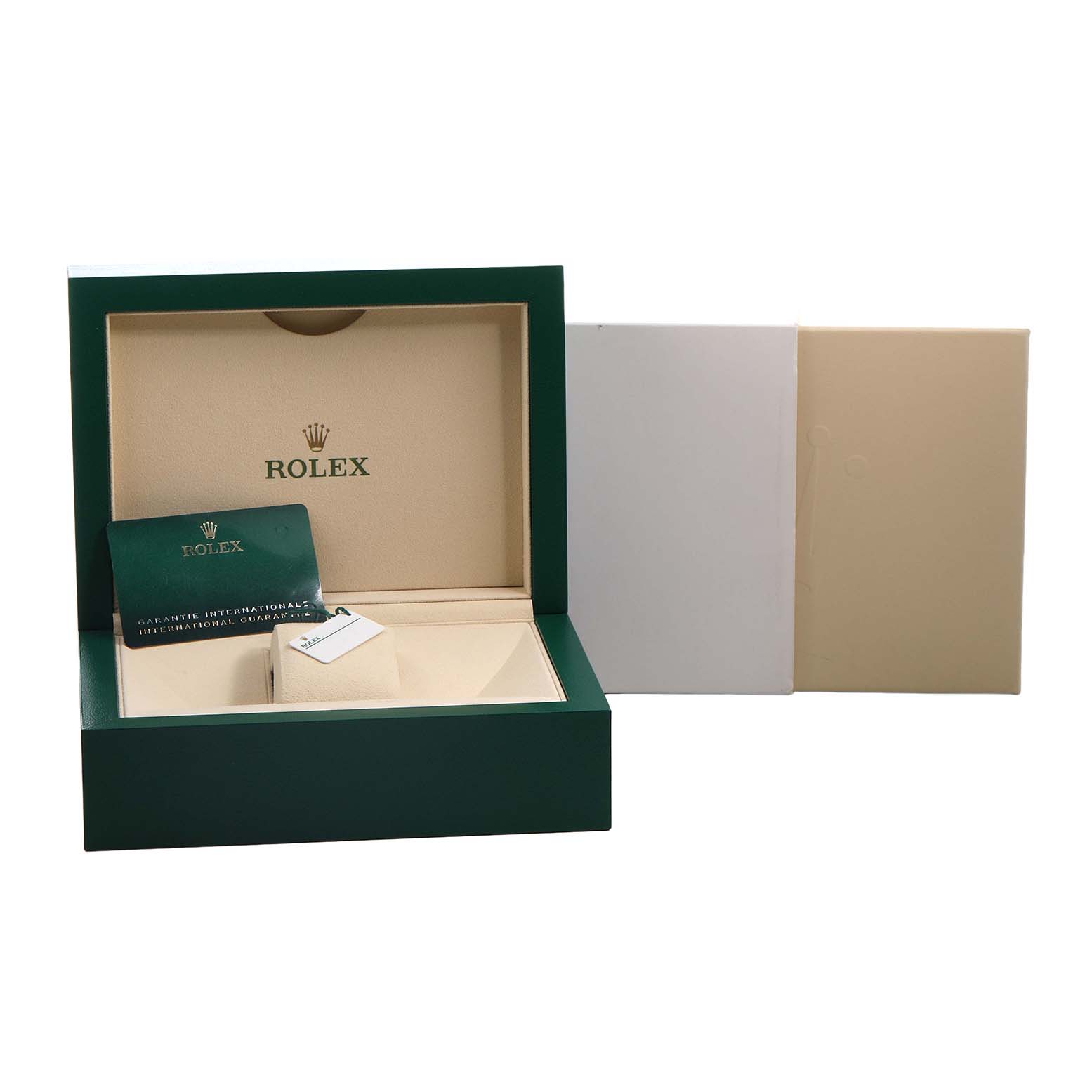 The image shows an open Rolex Submariner 126610LN Men's Stainless Steel Black Dial watch box with card and tags, viewed from the front.